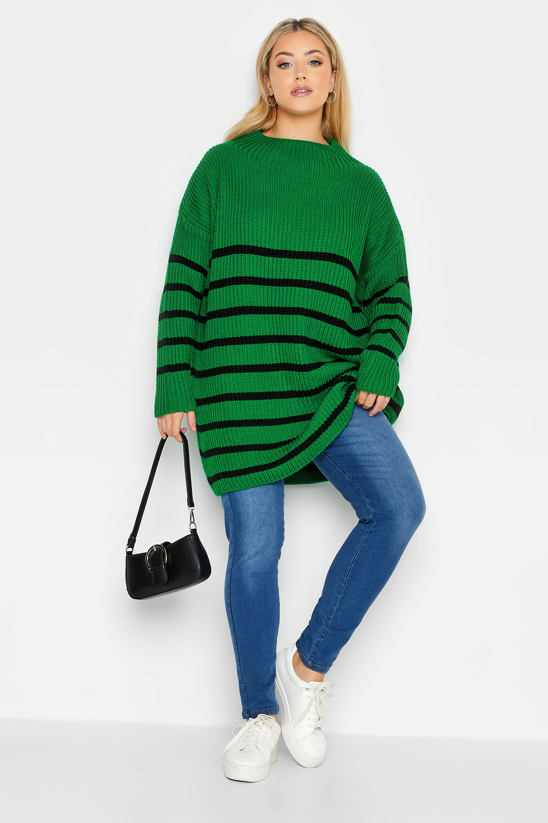 YOURS LUXURY Plus Size Green Stripe High Neck Jumper | Yours Clothing 2