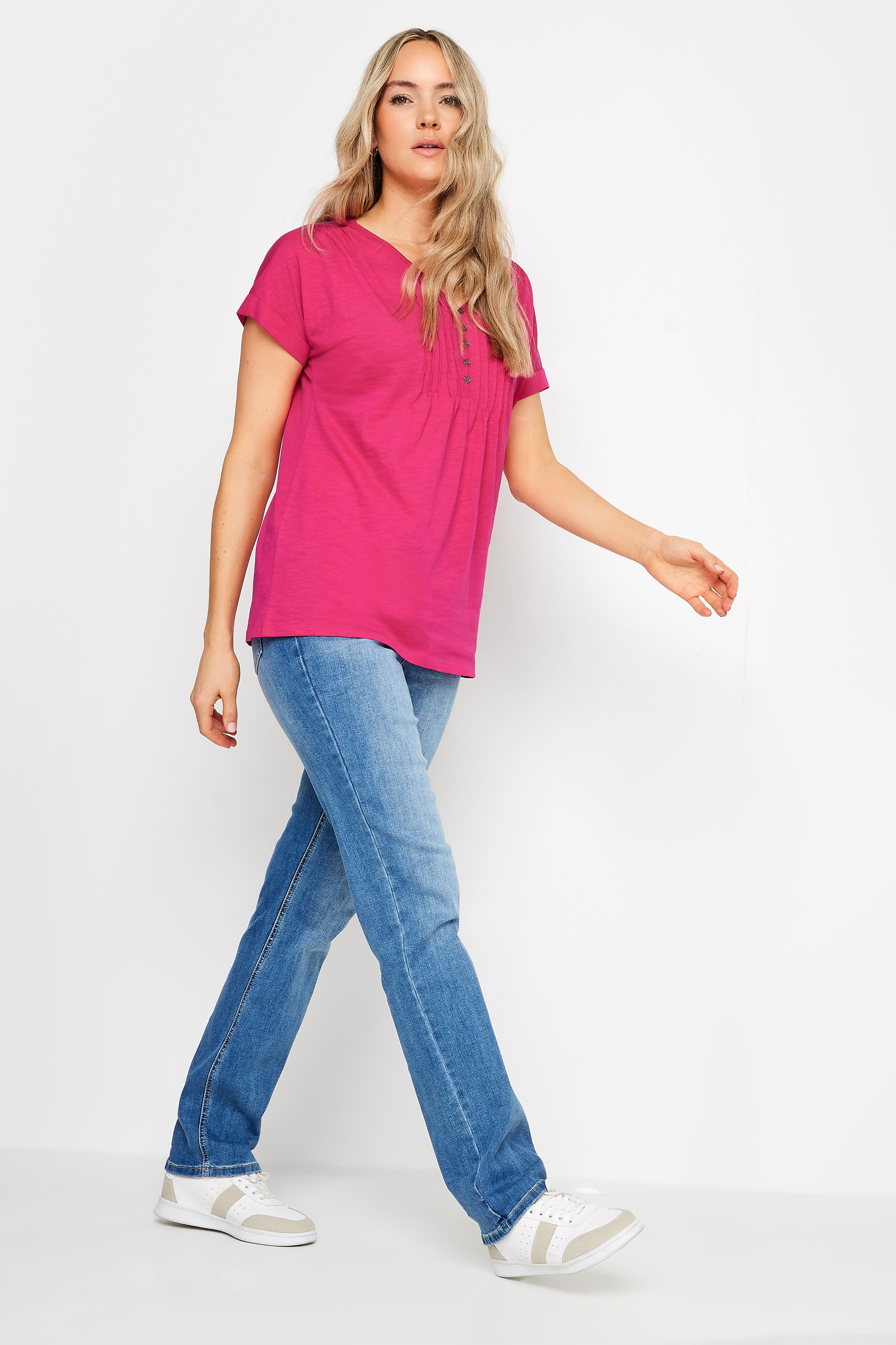 LTS Tall Women's Bright Pink Cotton Henley T-Shirt | Long Tall Sally 2