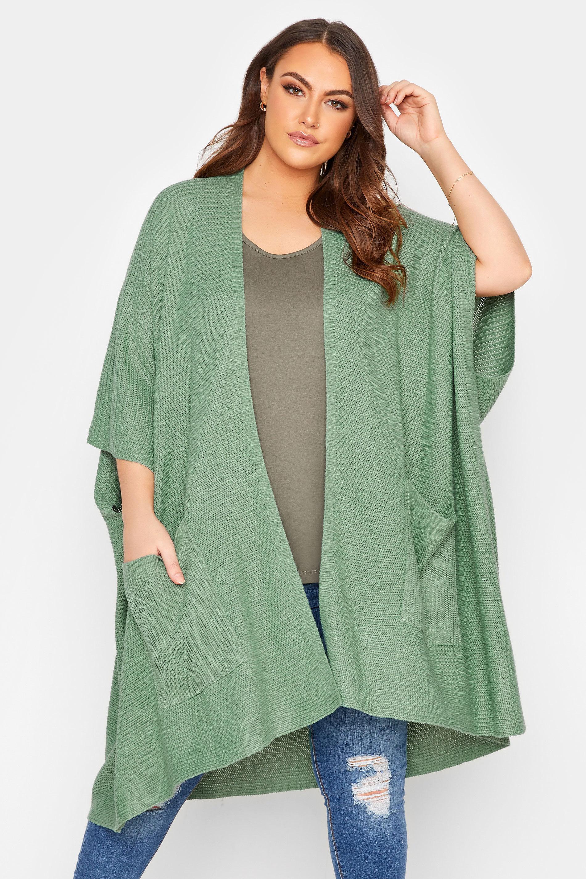 Plus Size Curve Green Waterfall Longline Cardigan | Yours Clothing 1