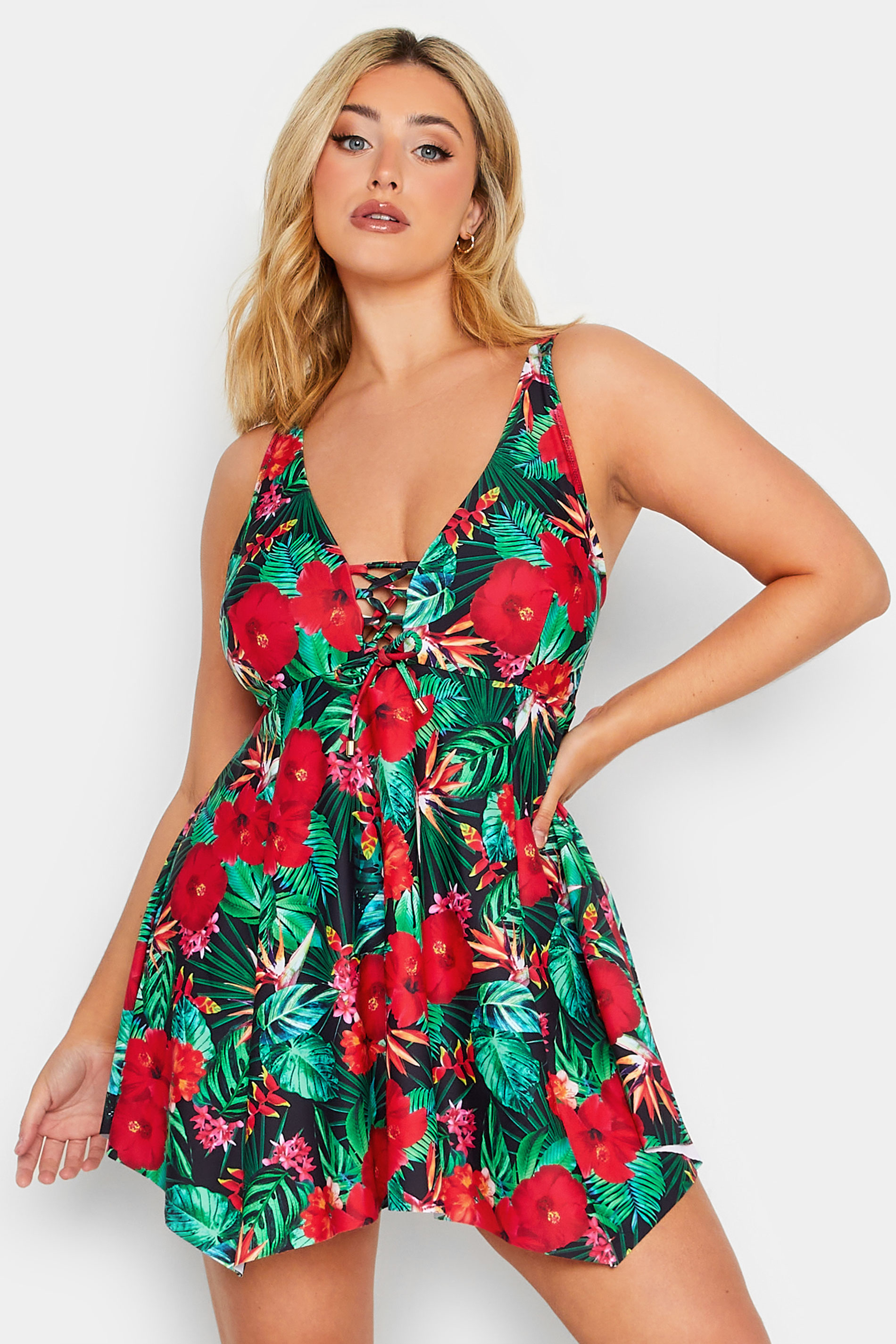 YOURS Plus Size Green Tropical Floral Print Swim Dress | Yours Clothing 1