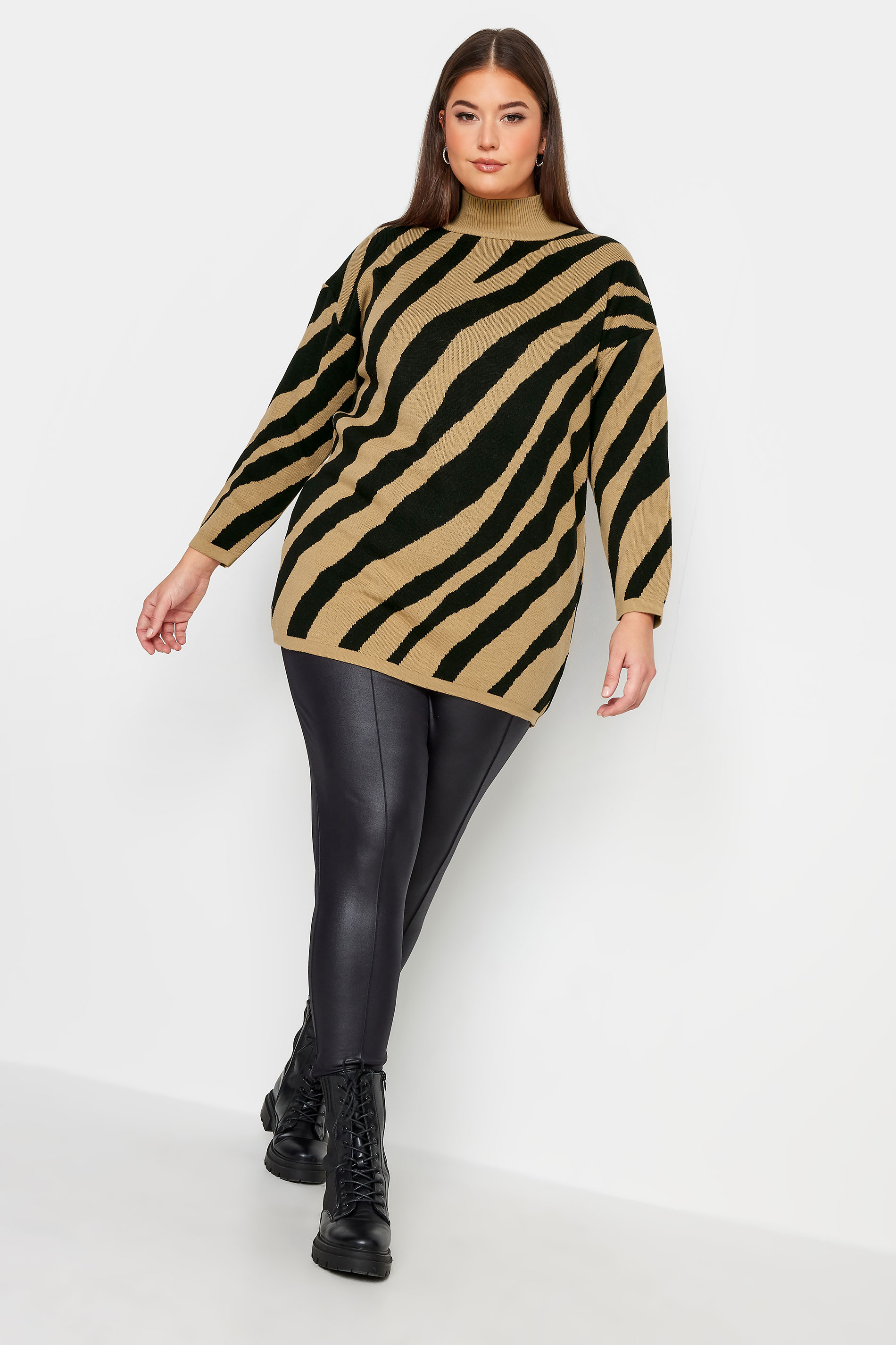 YOURS Plus Size Beige Brown Zebra Print Turtle Neck Jumper | Yours Clothing 2