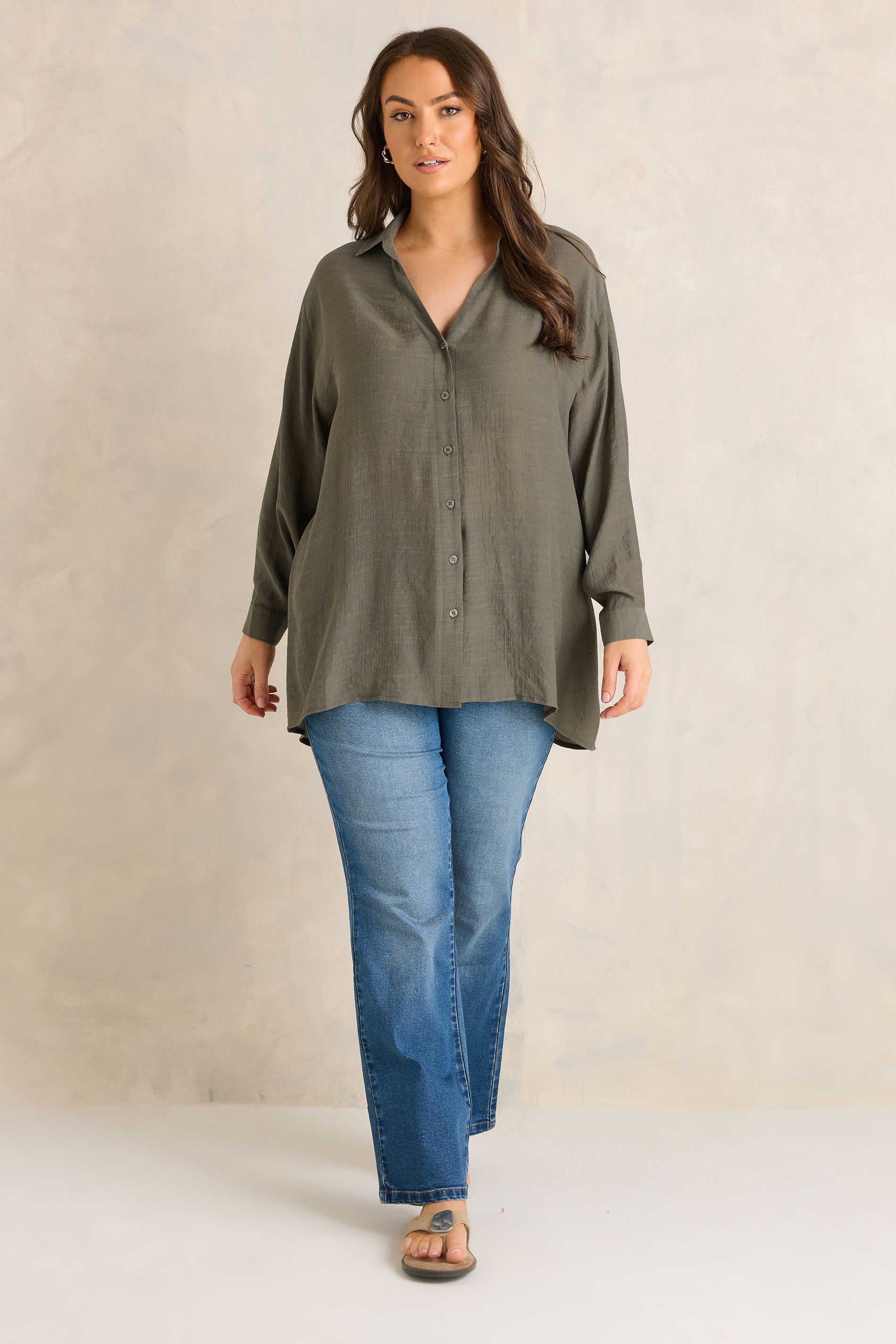 EVANS Plus Size Khaki Green Sheer Long Sleeve Shirt | Evans 1