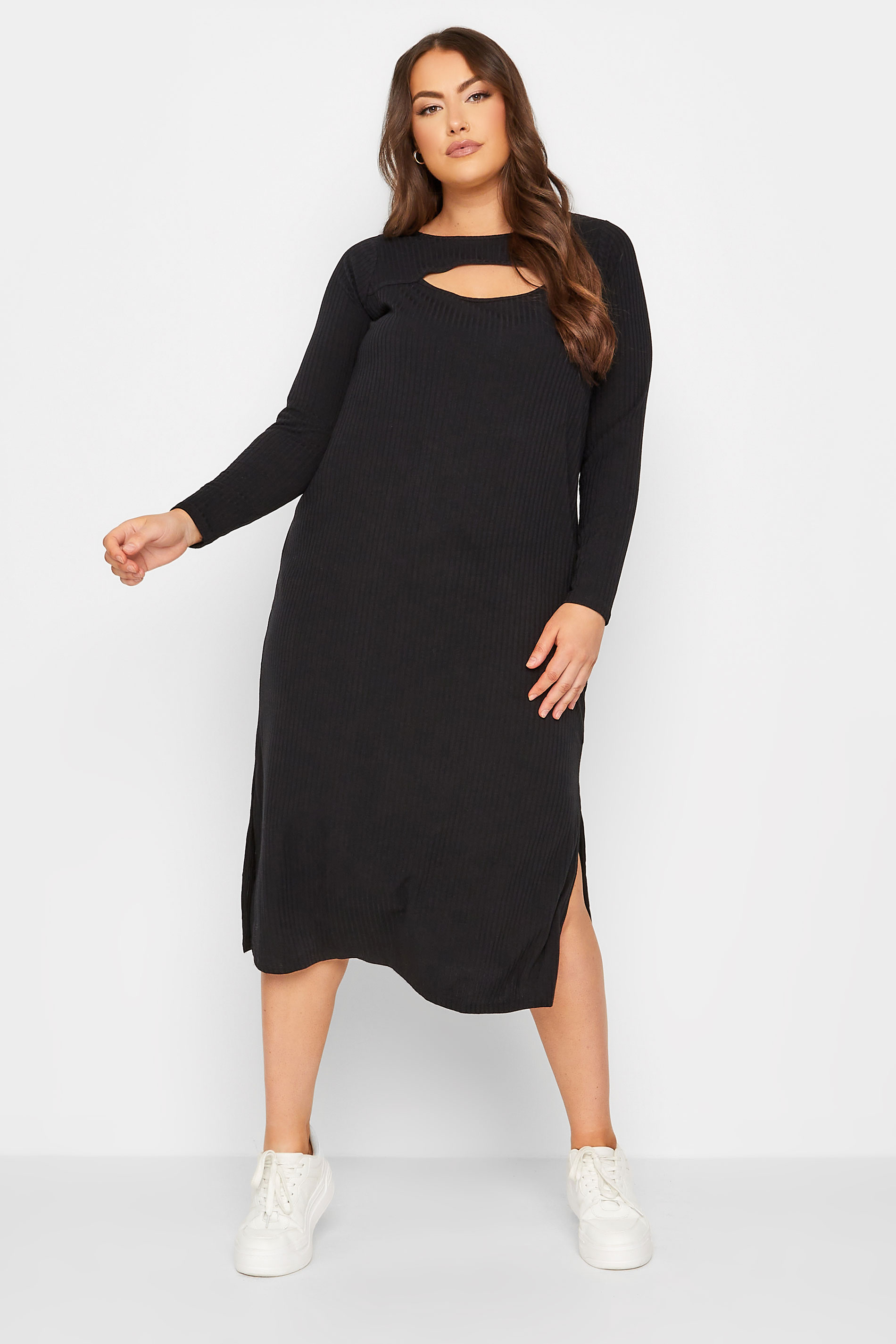 Plus Size Black Ribbed Cut Out Midaxi Dress | Yours Clothing 1