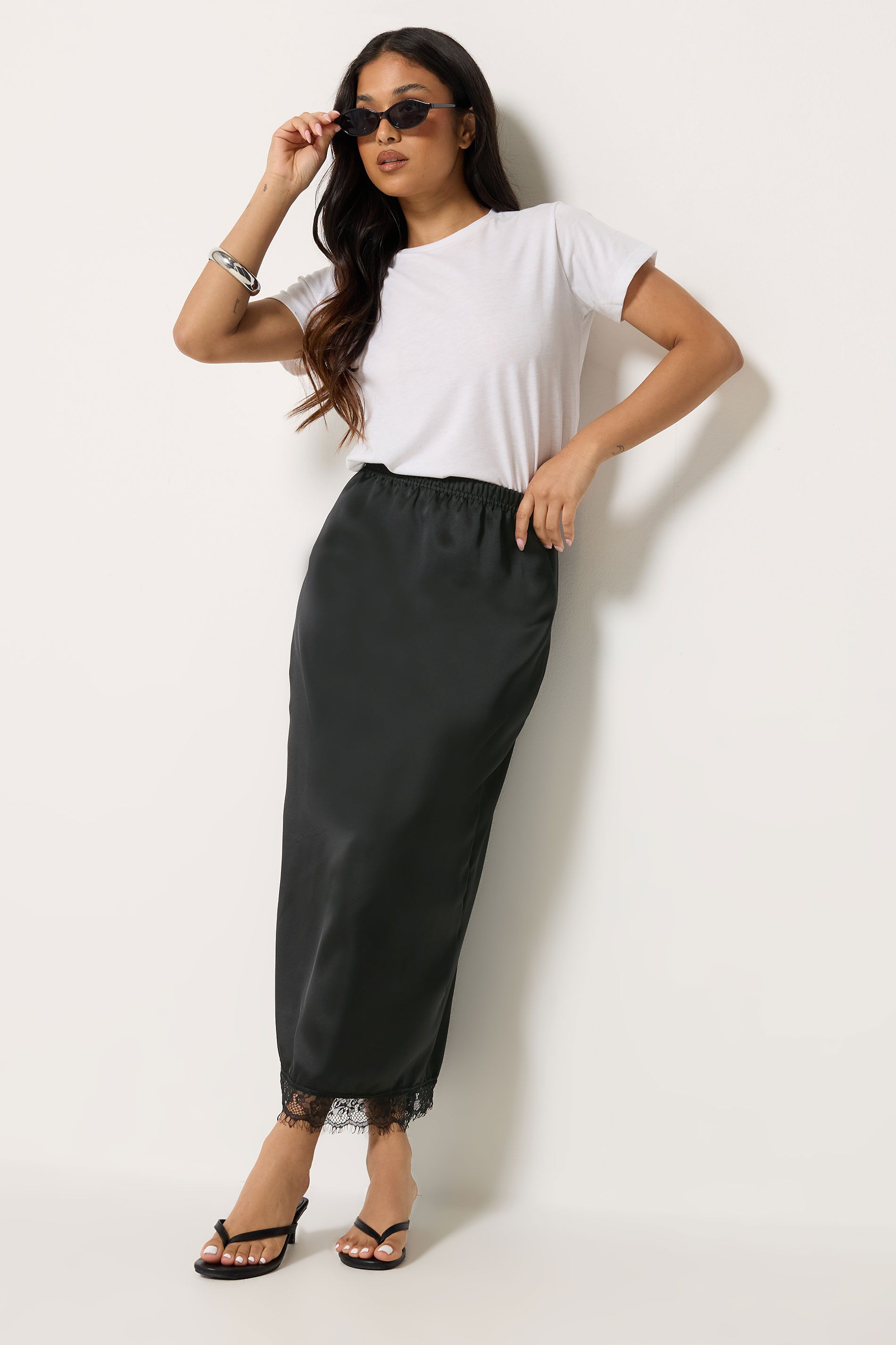 PixieGirl Petite Women's Black Lace Hem Satin Maxi Skirt | PixieGirl 1
