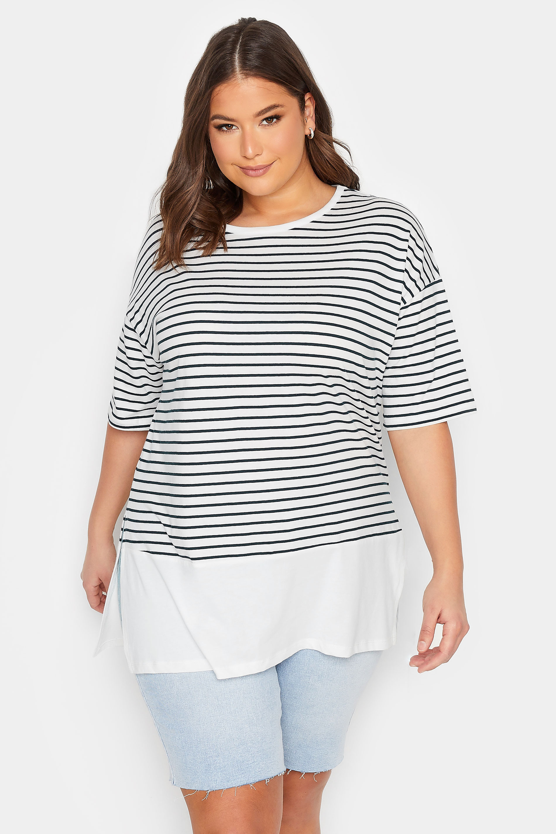 YOURS Plus Size White & Navy Blue Stripe Drop Sleeve Top | Yours Clothing 1