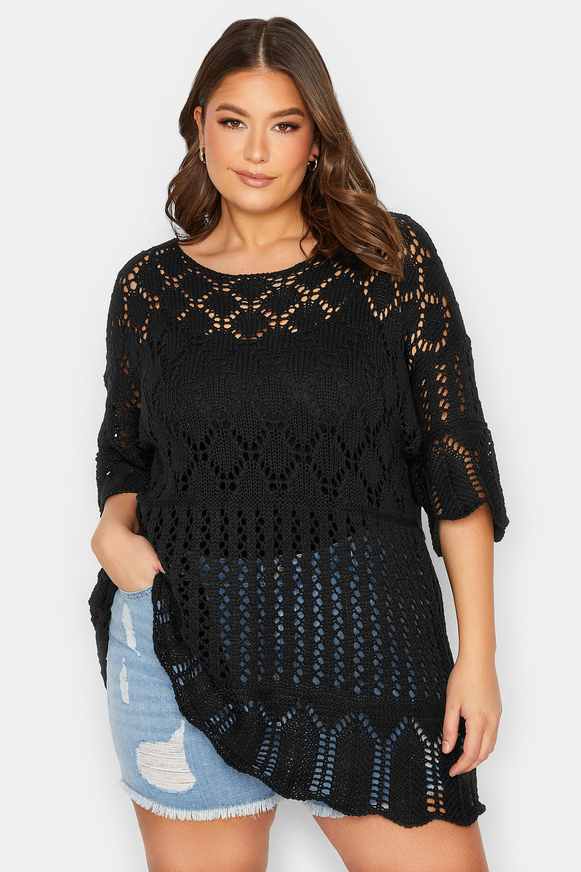 YOURS Plus Size Curve Black Crochet Jumper | Yours Clothing  1