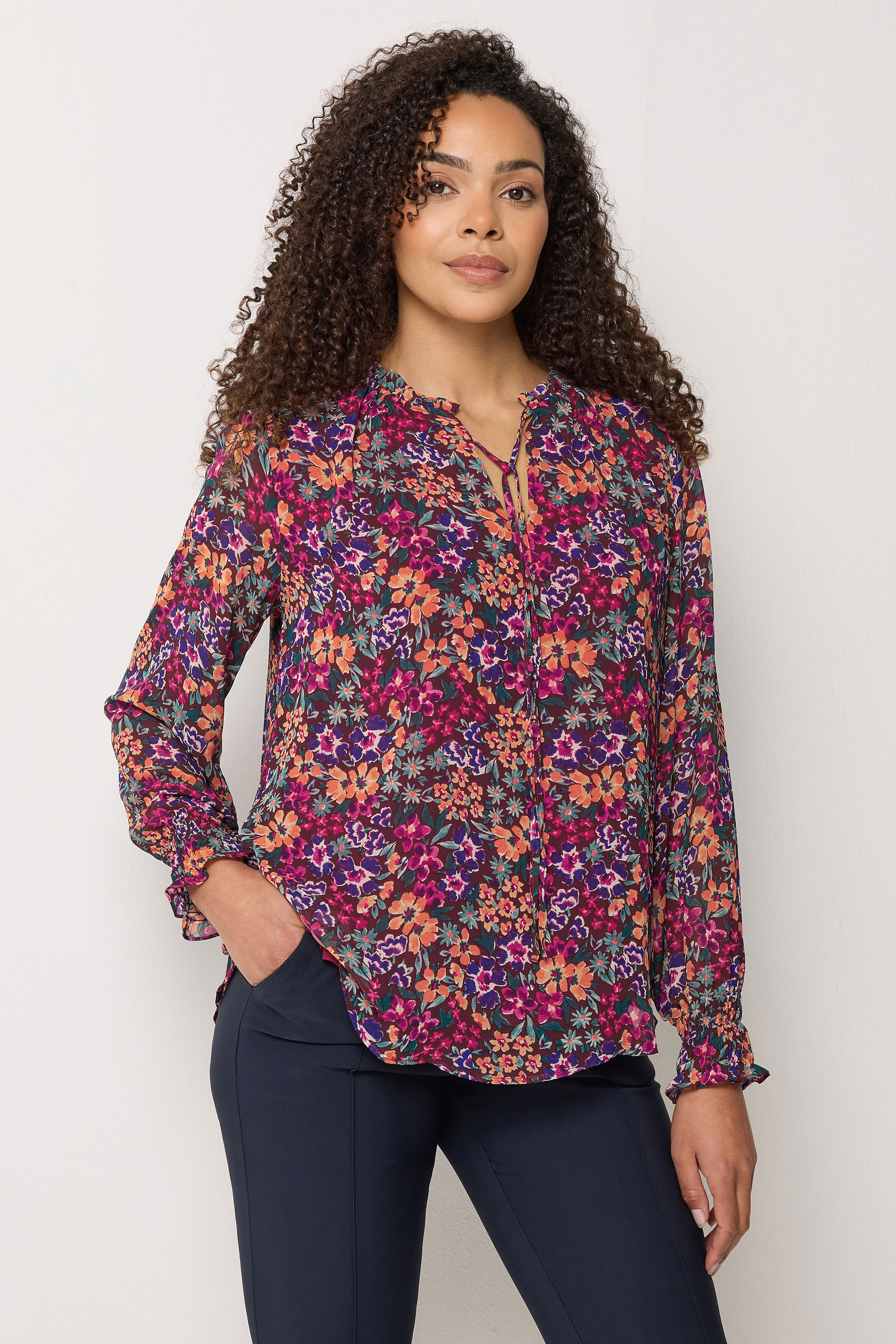 M&Co Berry Red Ditsy Floral Tie Neck Blouse | M&Co 3