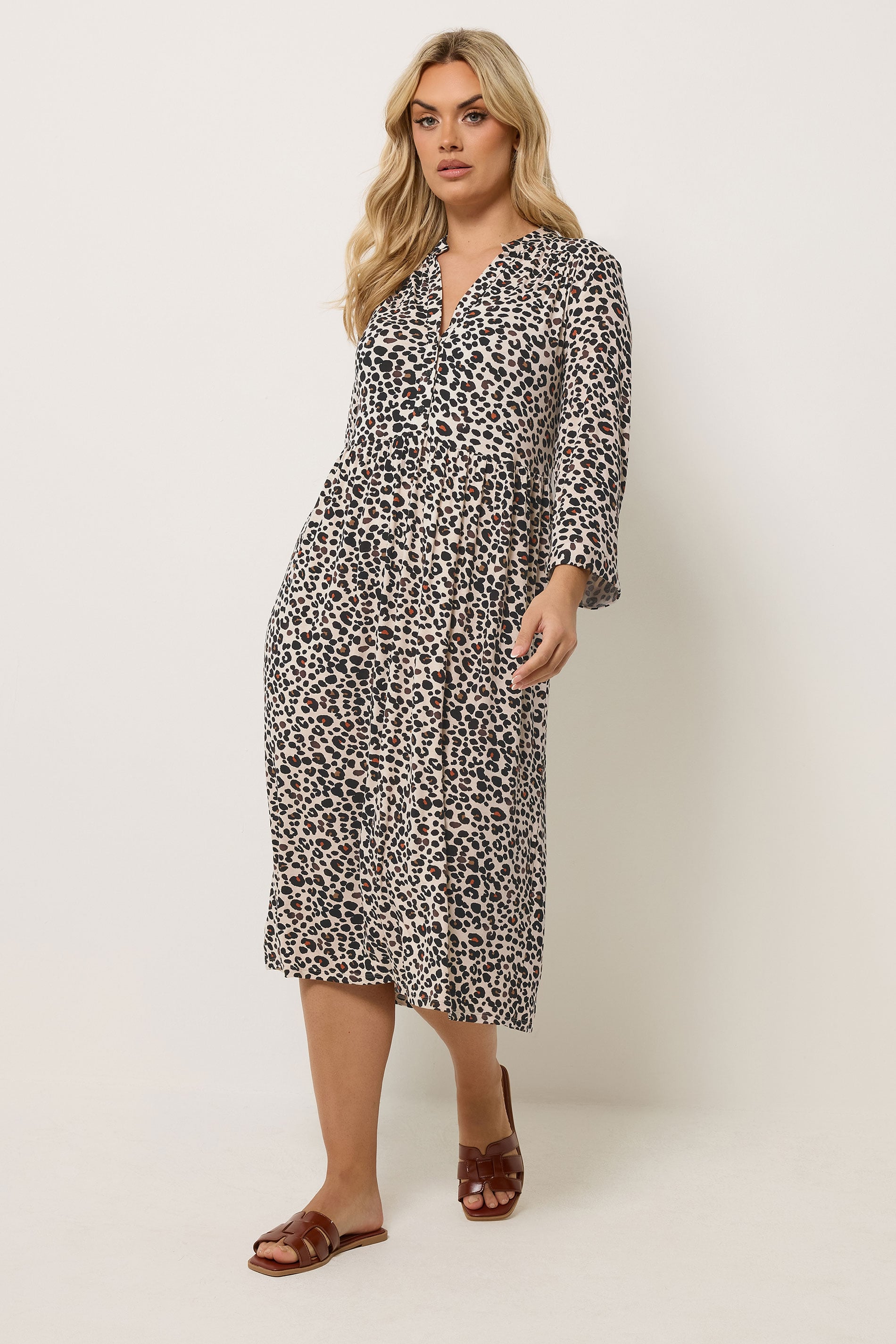 YOURS Plus Size Natural Brown Leopard Print Midi Dress | Yours Clothing 1