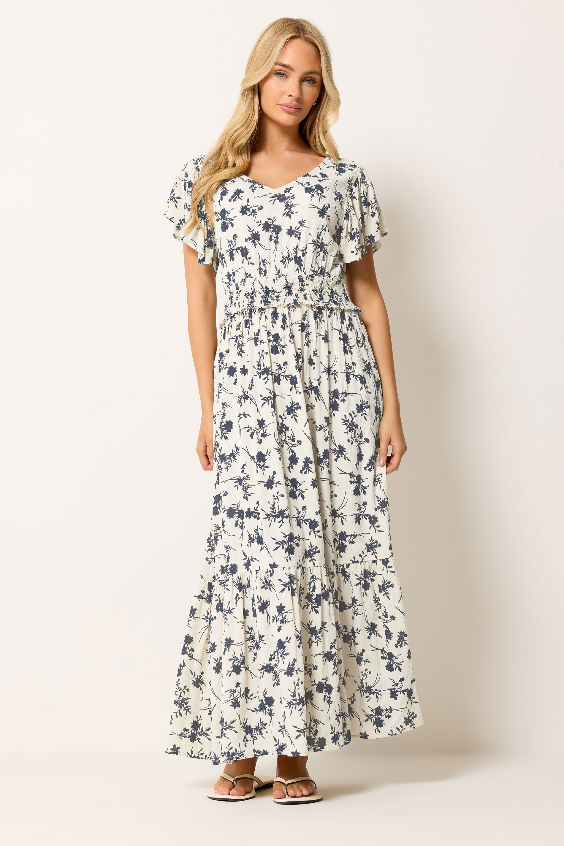 M&Co White Floral Print Shirred Waist Maxi Dress | M&Co 1