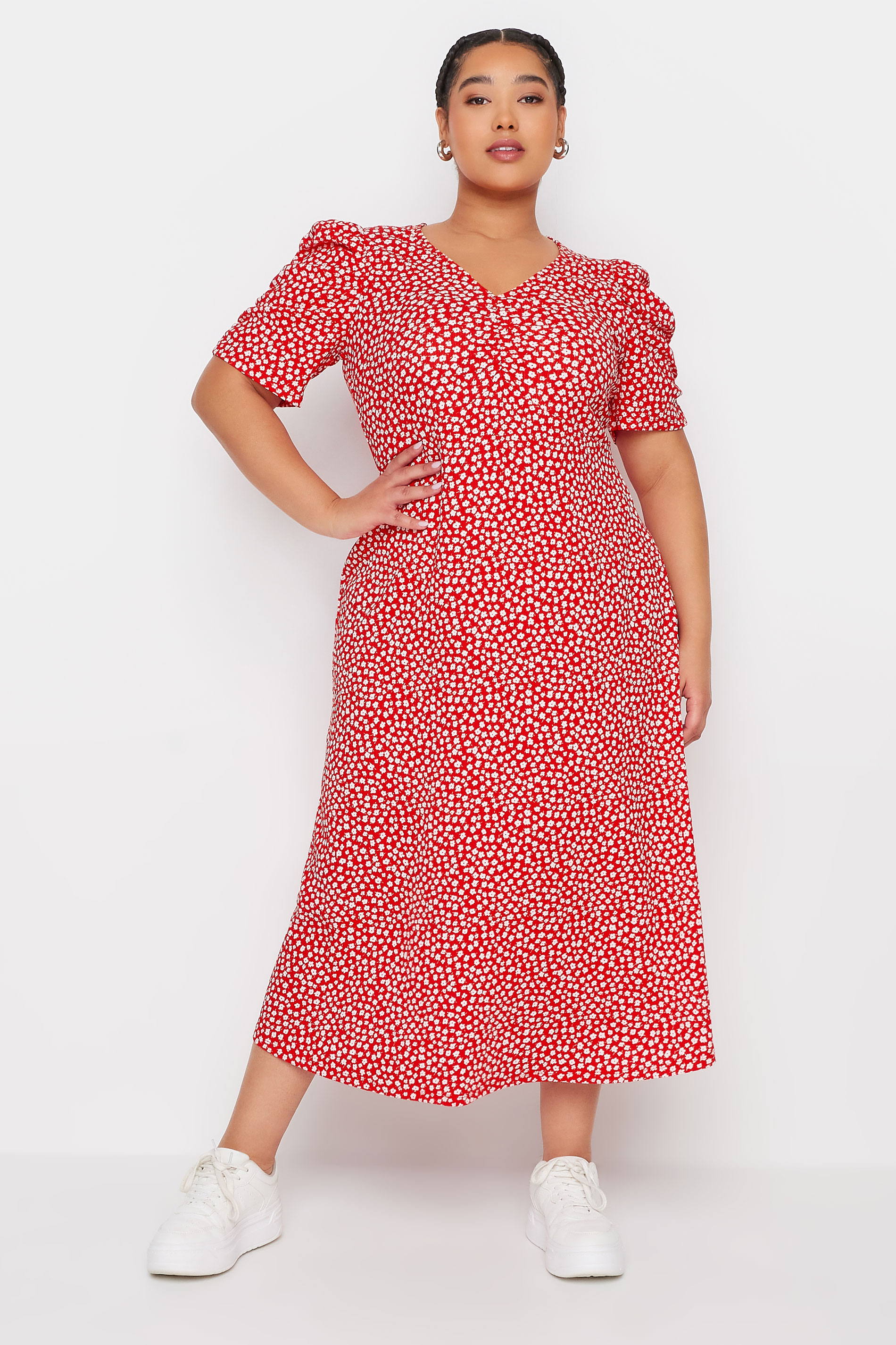 YOURS Plus Size Red Floral Print Textured Milkmaid Dress | Yours Clothing 1