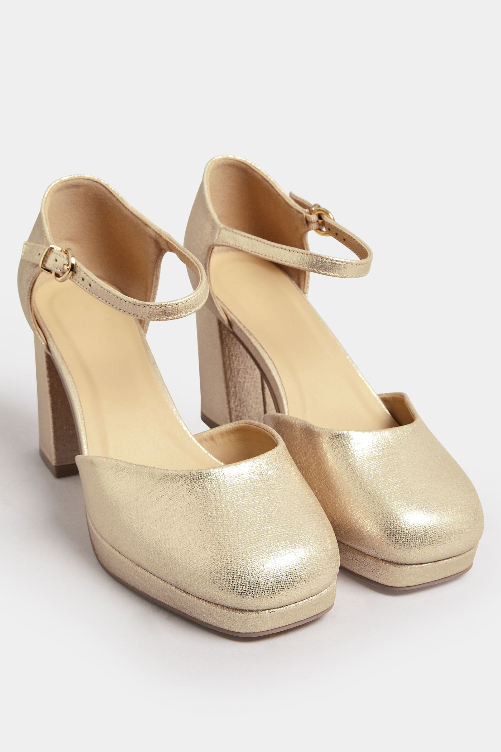 Gold Platform Block Heel Court Shoes In Extra Wide EEE Fit | Yours Clothing 2
