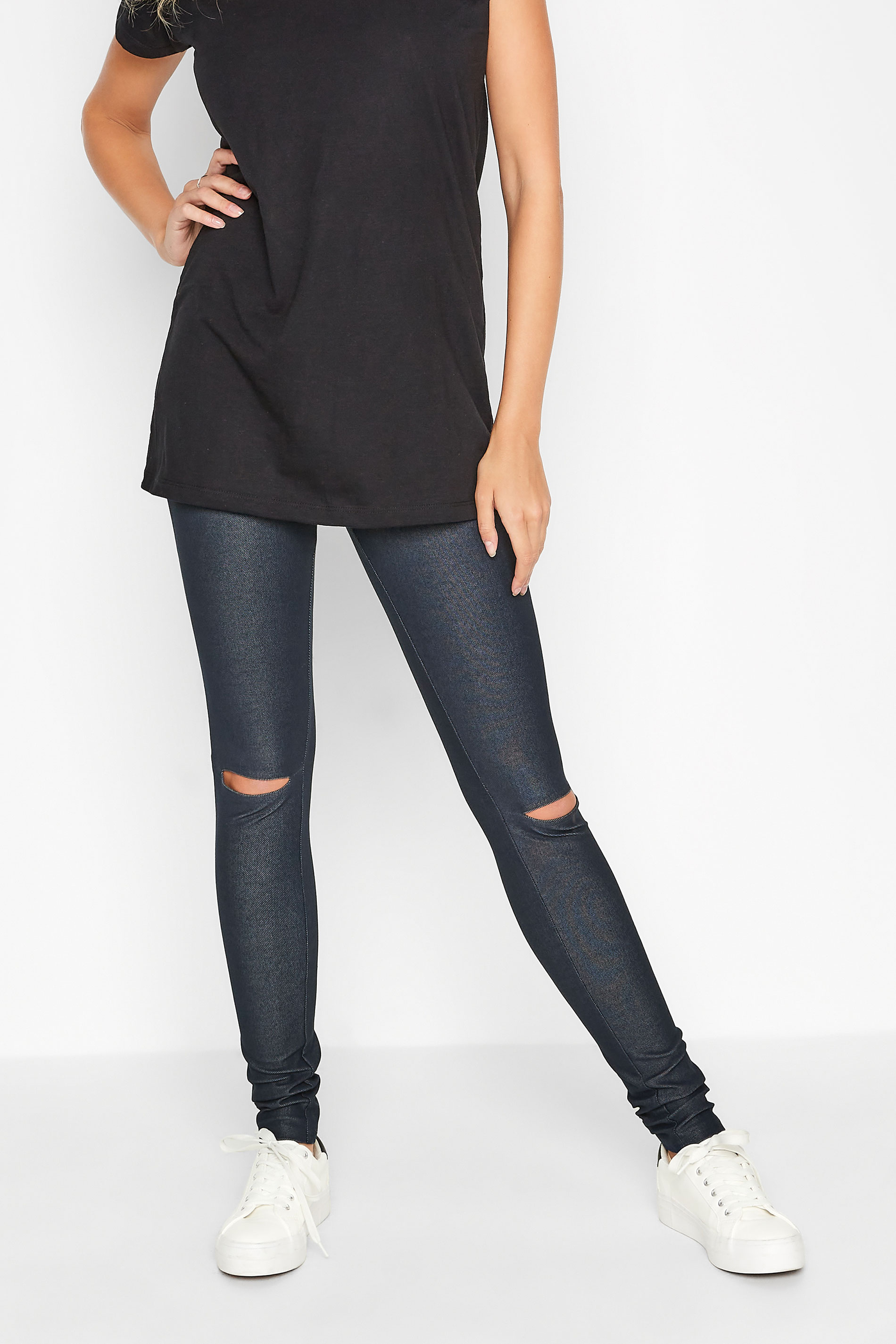 LTS Navy Blue Ripped Knee Jersey Jeggings | Long Tall Sally 1
