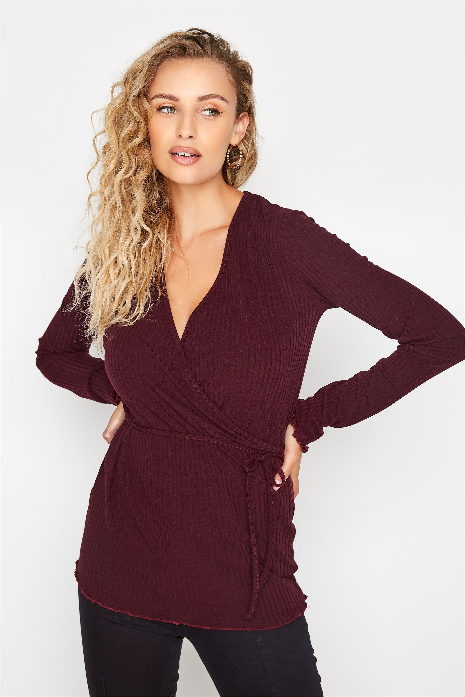 LTS Burgundy Red Ribbed Wrap Top 1