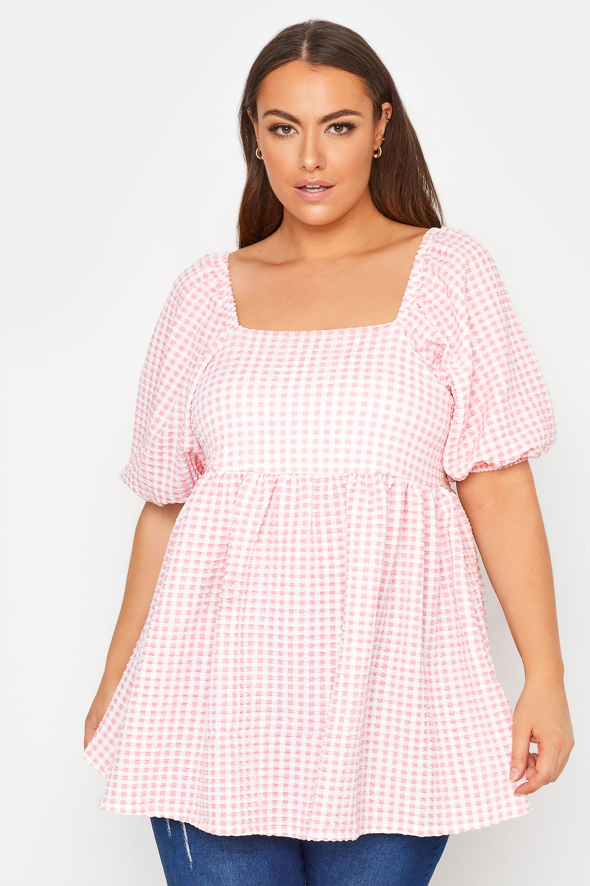 Grande taille  Tops Grande taille  Tops Casual | LIMITED COLLECTION - Top Rose à Carreaux Manches Bouffantes - VU86164
