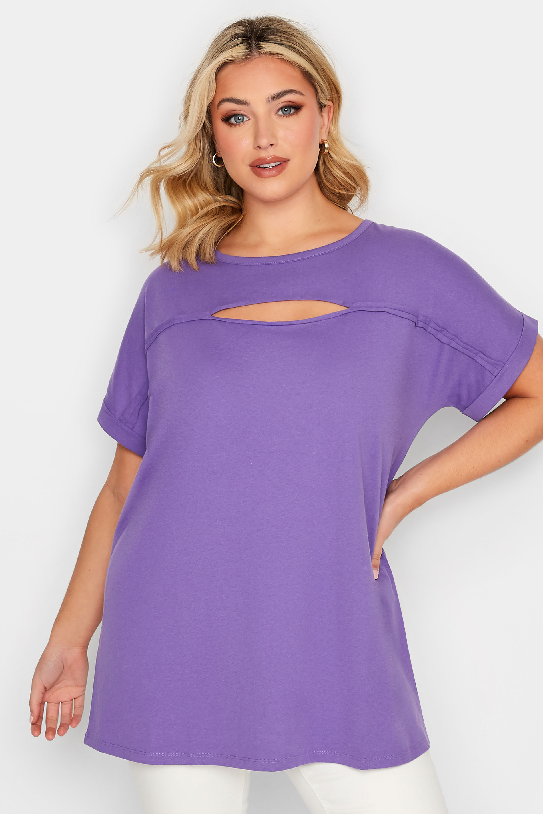 YOURS Plus Size Purple Cut Out T-Shirt | Yours Clothing 1
