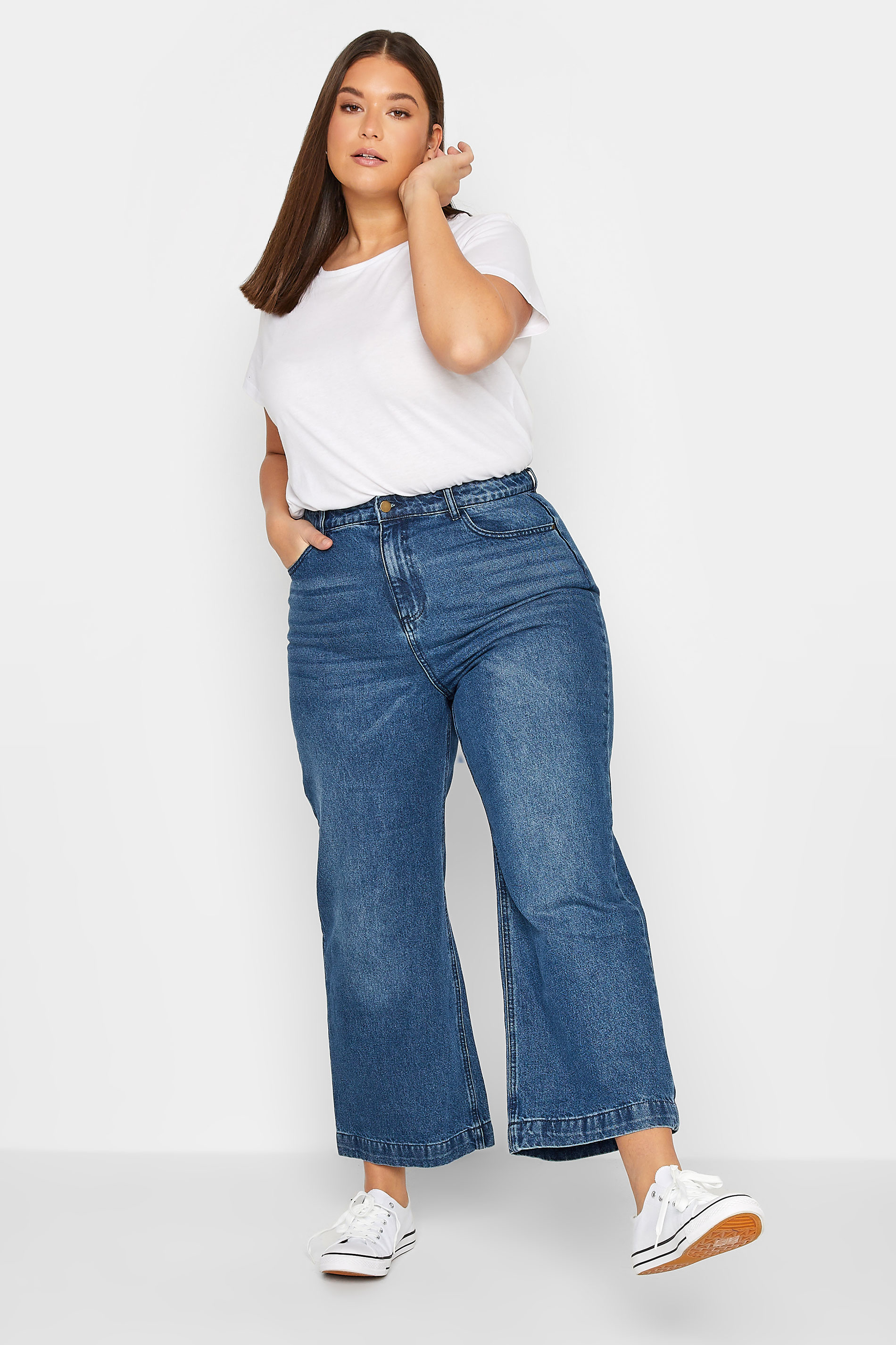 LTS Tall Women's Mid Blue Denim Cropped Wide Leg Jeans | Long Tall Sally 2