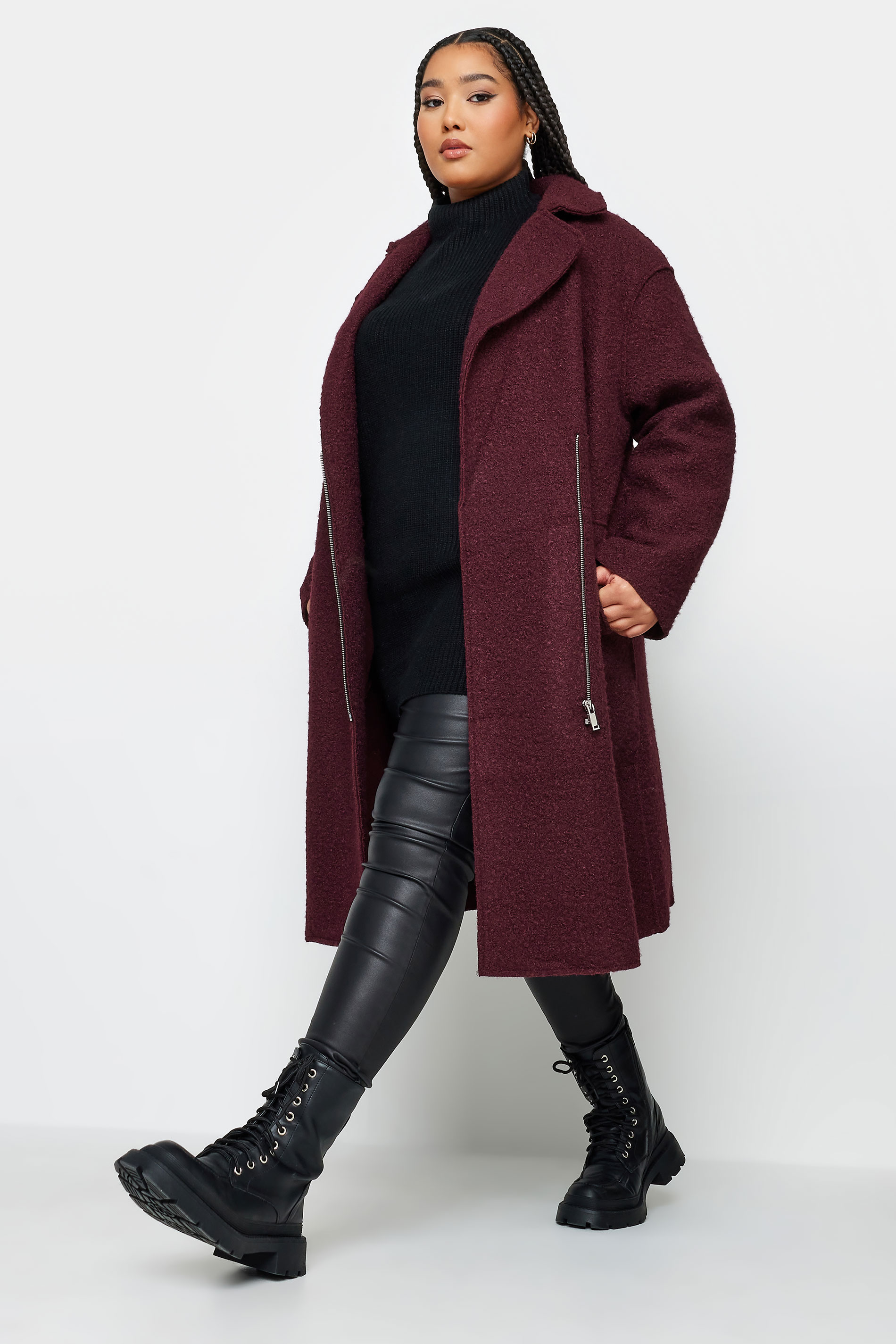 YOURS Curve Berry Red Boucle Biker Coat | Yours Clothing 2