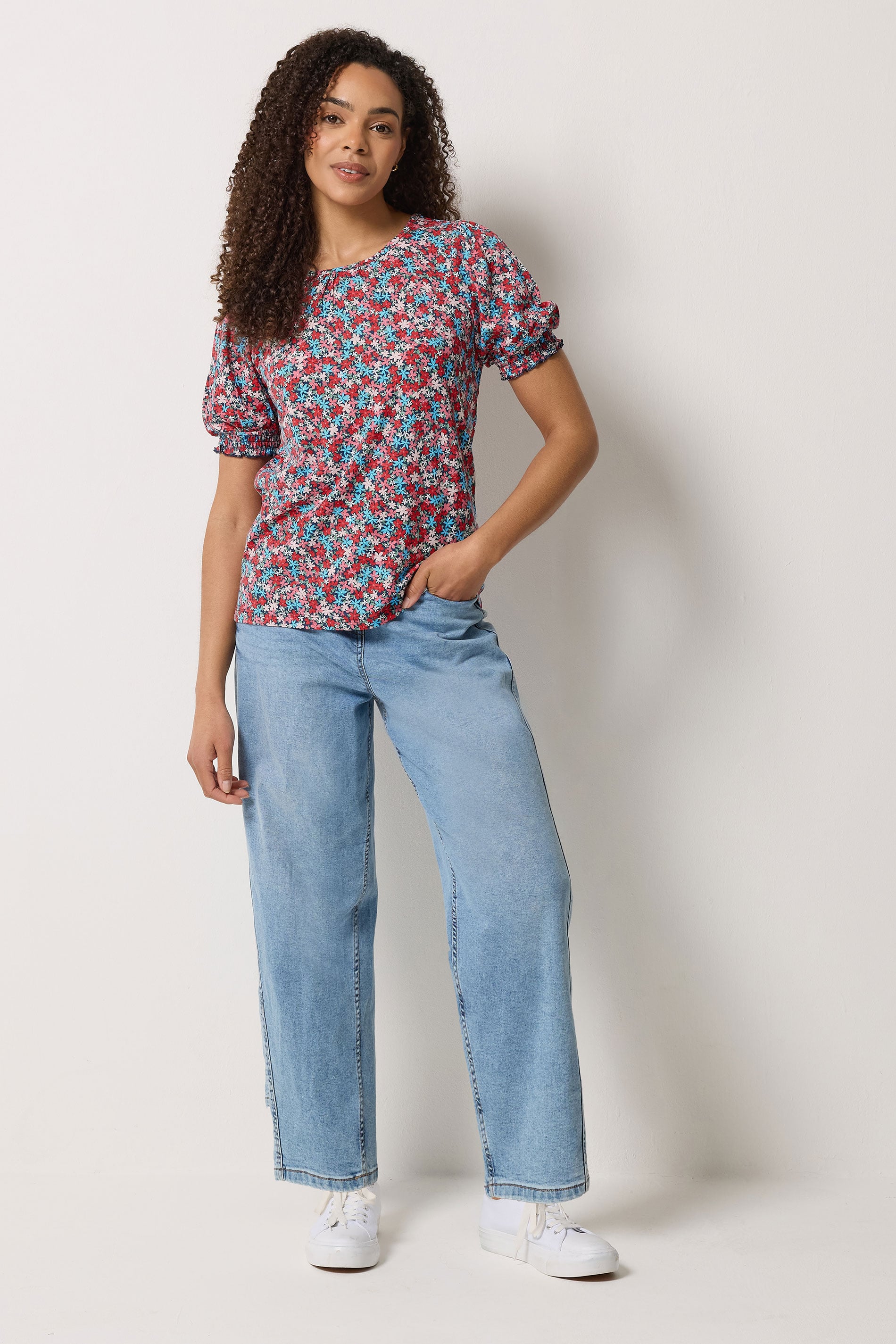 M&Co Blue Ditsy Floral Puff Sleeve Top | M&Co 1