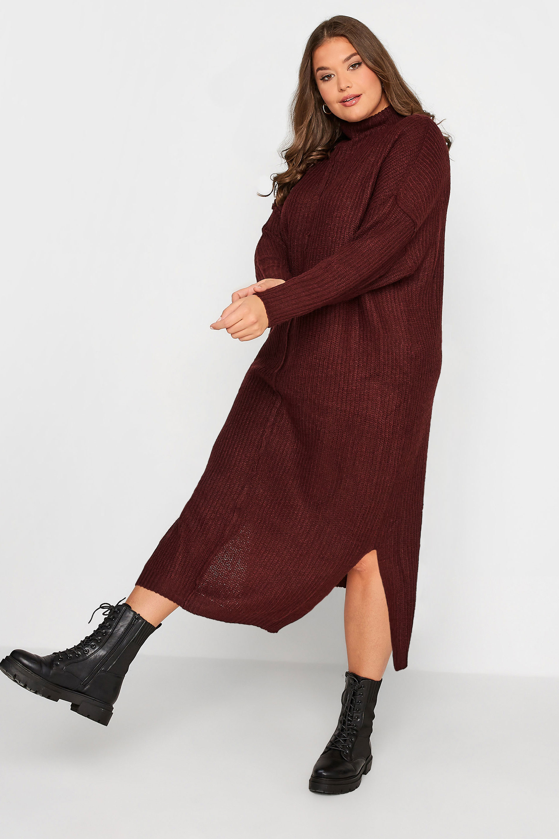 Plus Size Burgundy Red Knitted Jumper Dress | Yours Clothing 2