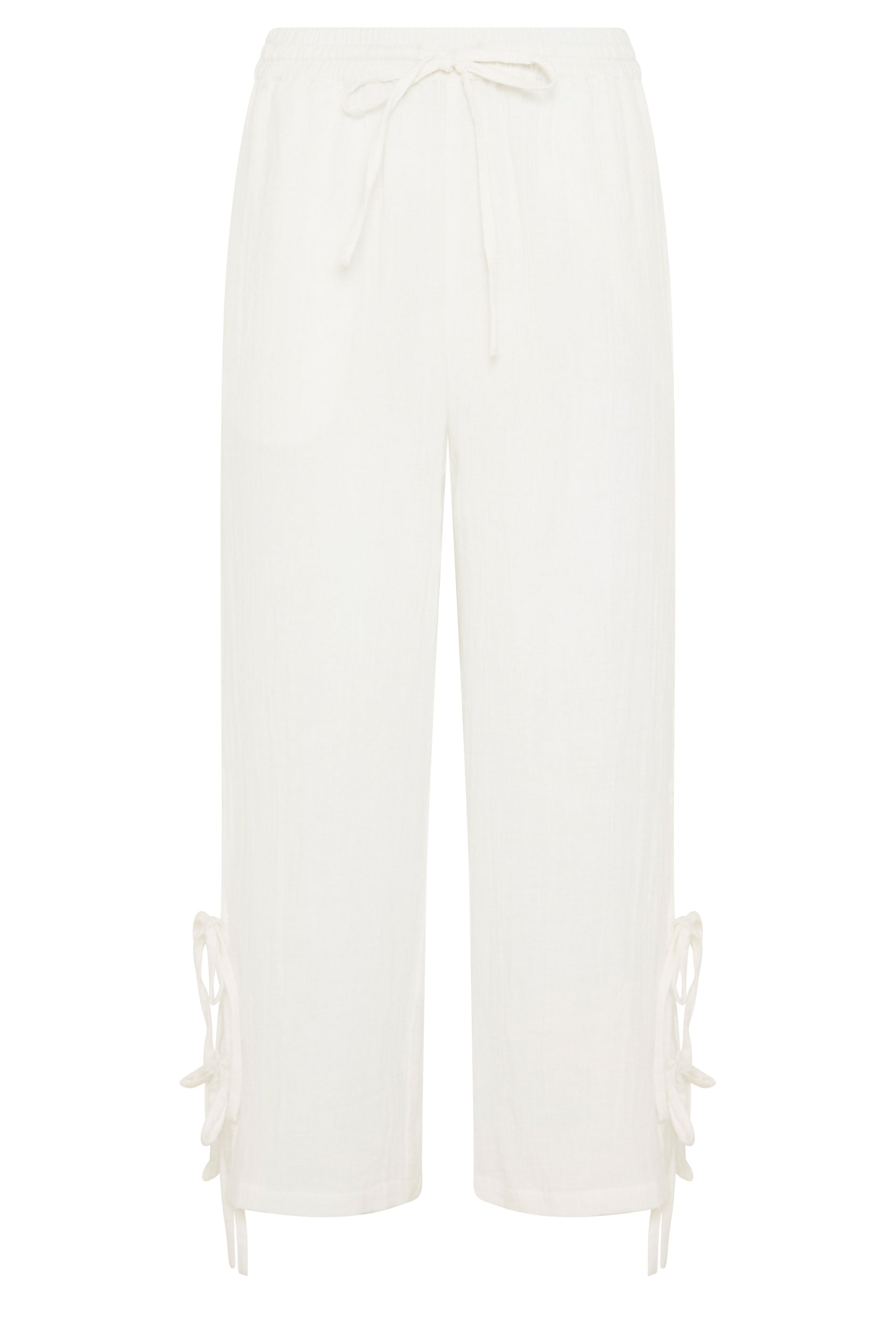 PixieGirl Petite Women's White Tie Detail Cotton Cheesecloth Wide Leg Trousers | PixieGirl 5
