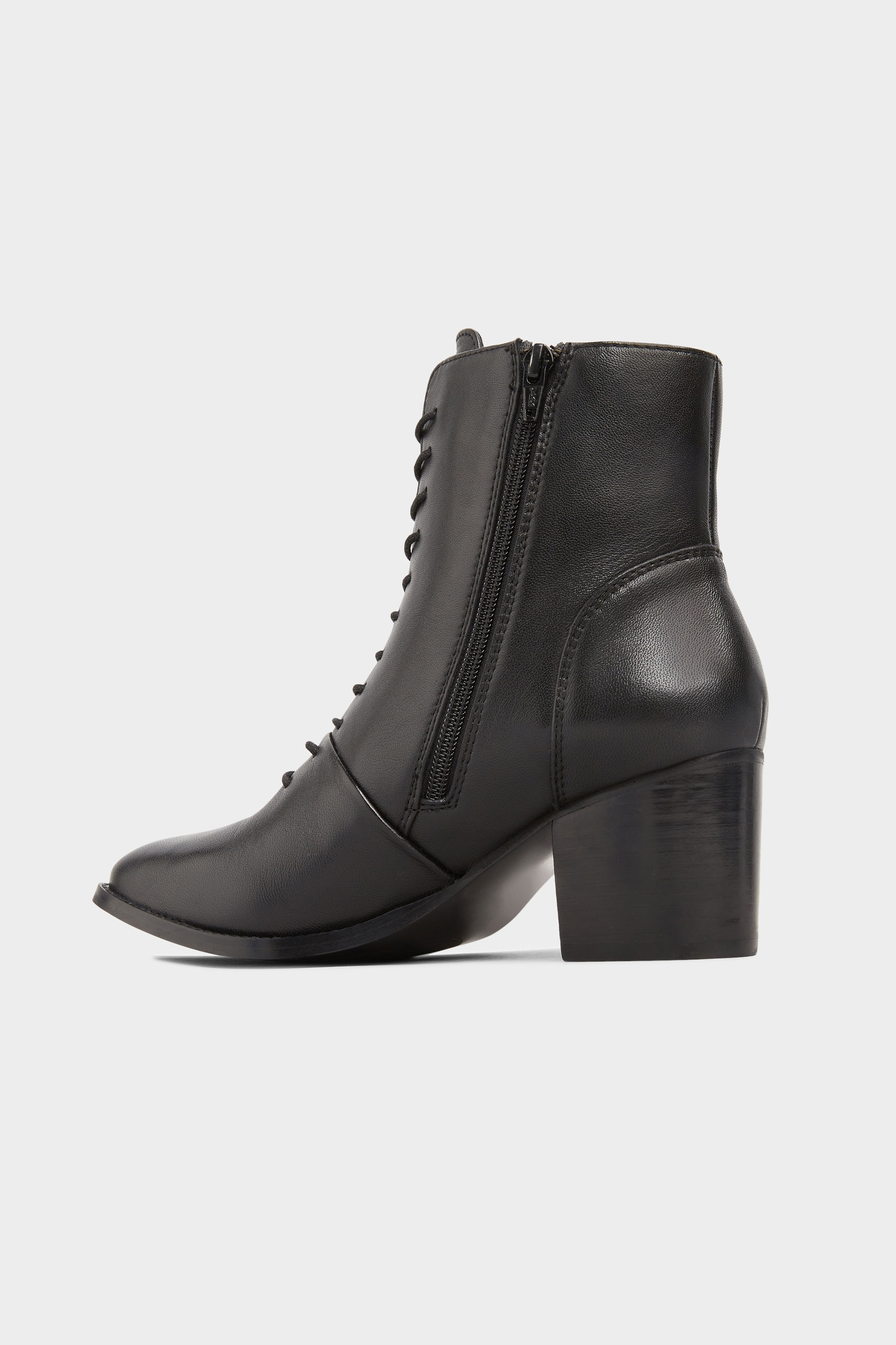 Black Leather Lace Up Heeled Boots In Extra Wide Fit | Yours Clothing