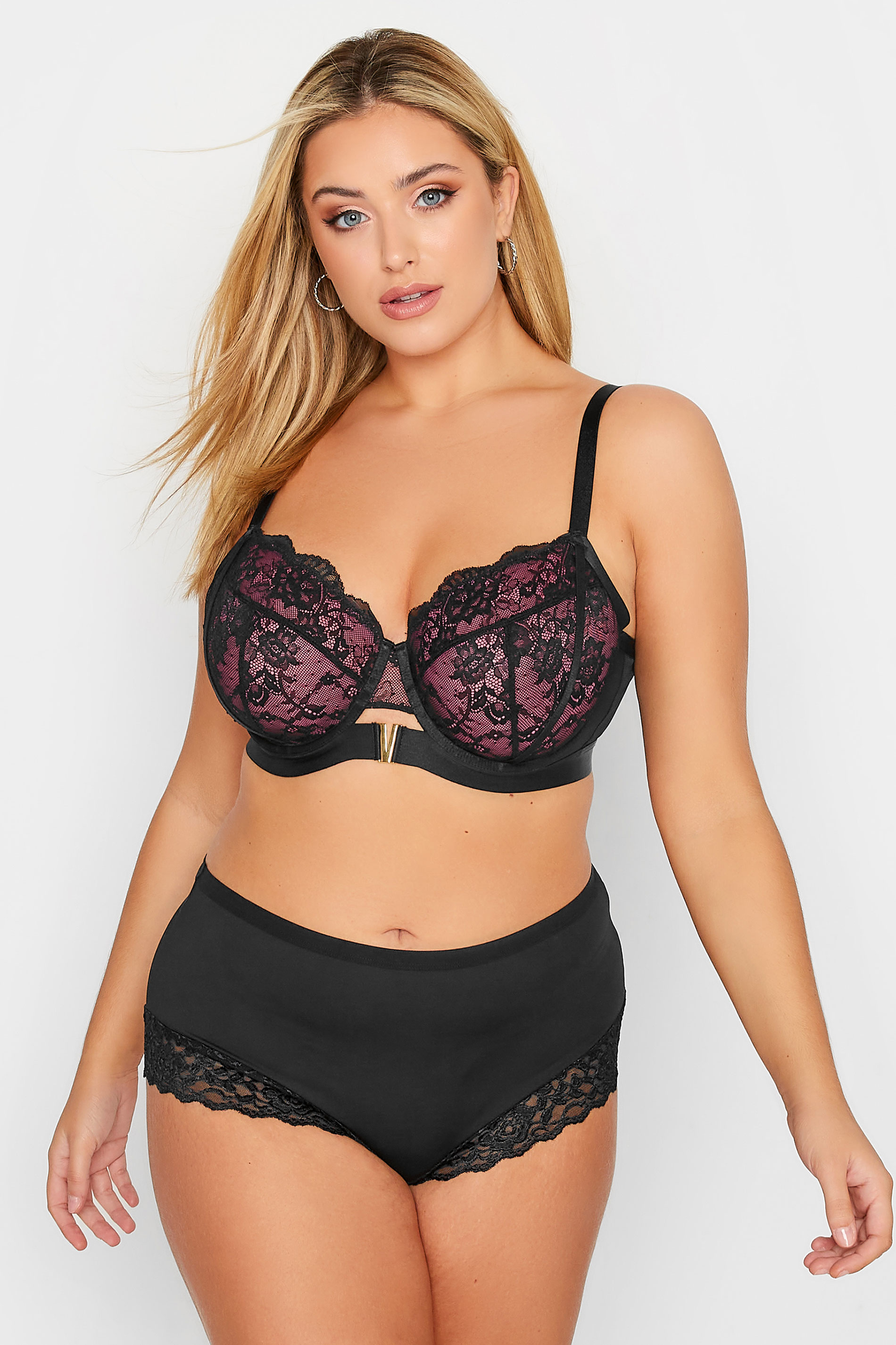 Black & Pink Lace Mesh V-Bar Non-Padded Underwired Bra | Yours Clothing 2