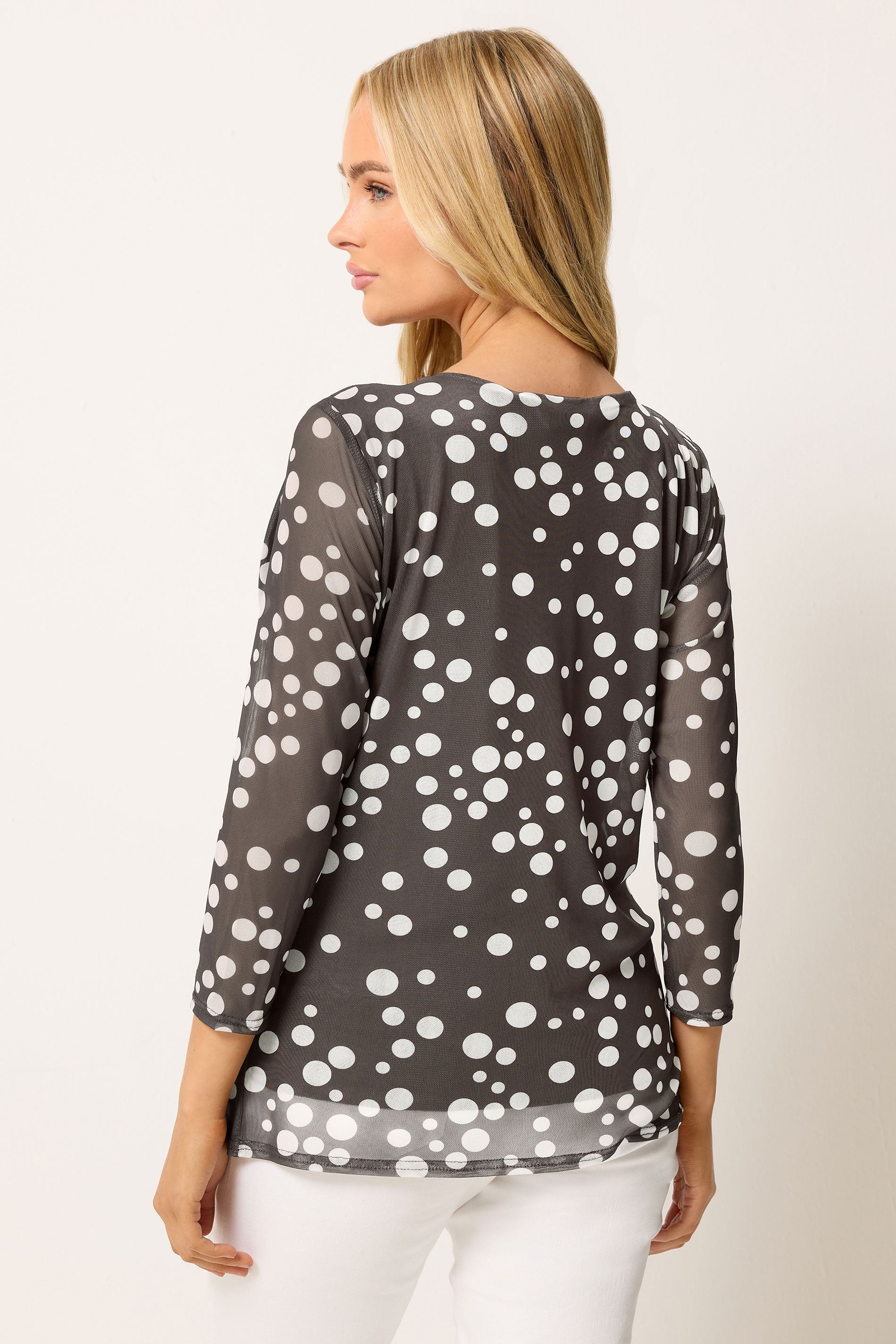 M&Co Brown Polka Dot Print Crew Neck Mesh Top | M&Co 2