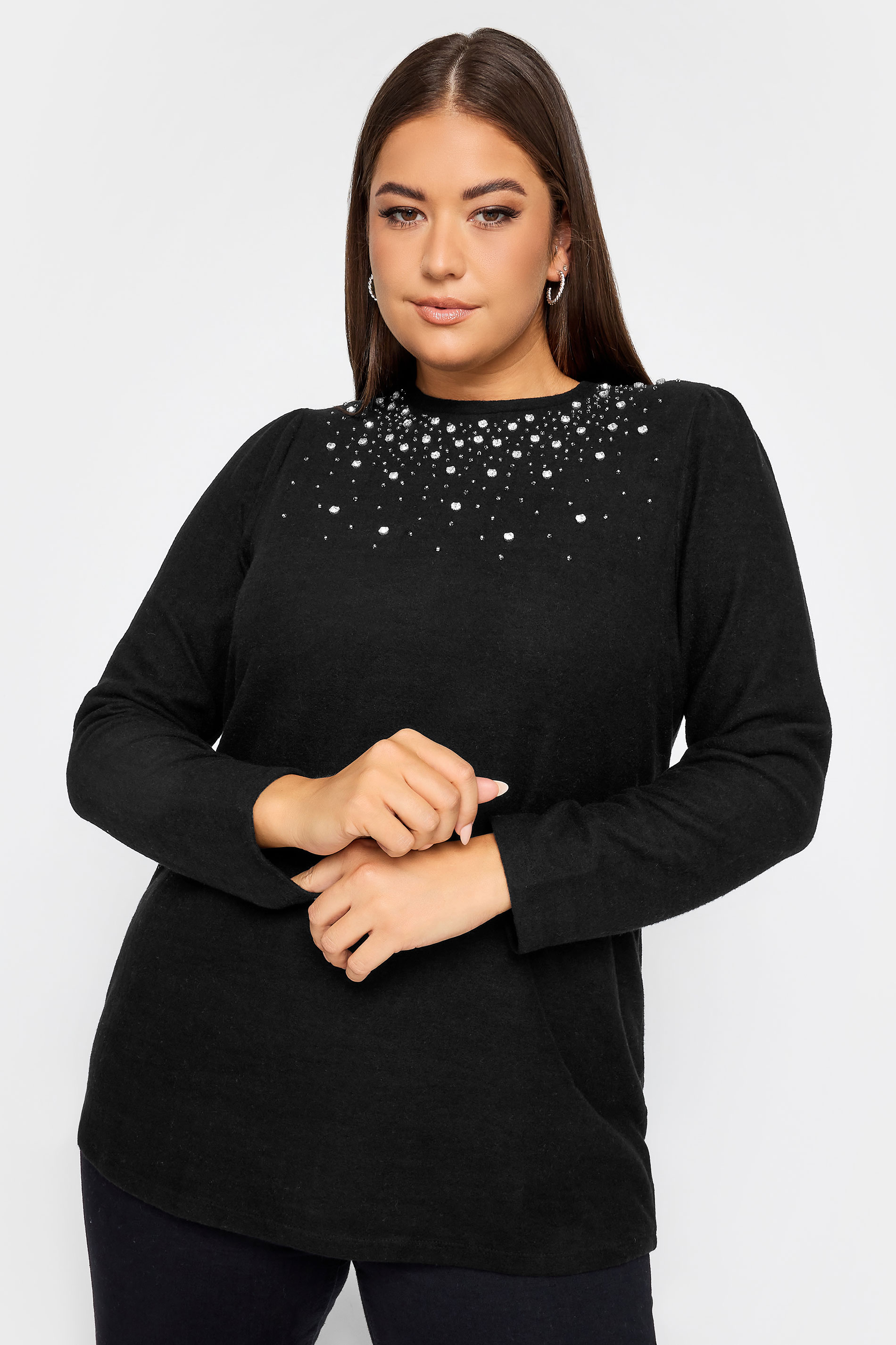 Plus Size Black Diamante Embellished Soft Touch Top | Yours Clothing 1