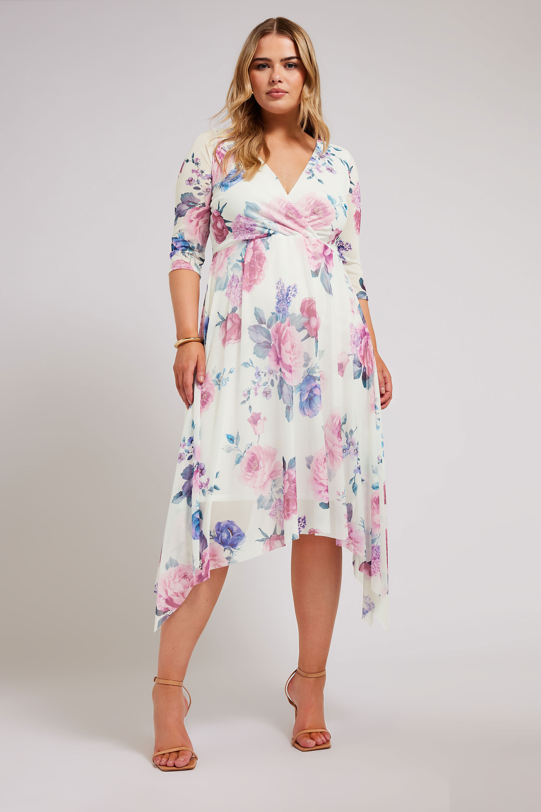 YOURS LONDON Plus Size White Floral Print Mesh Wrap Dress | Yours Clothing 2