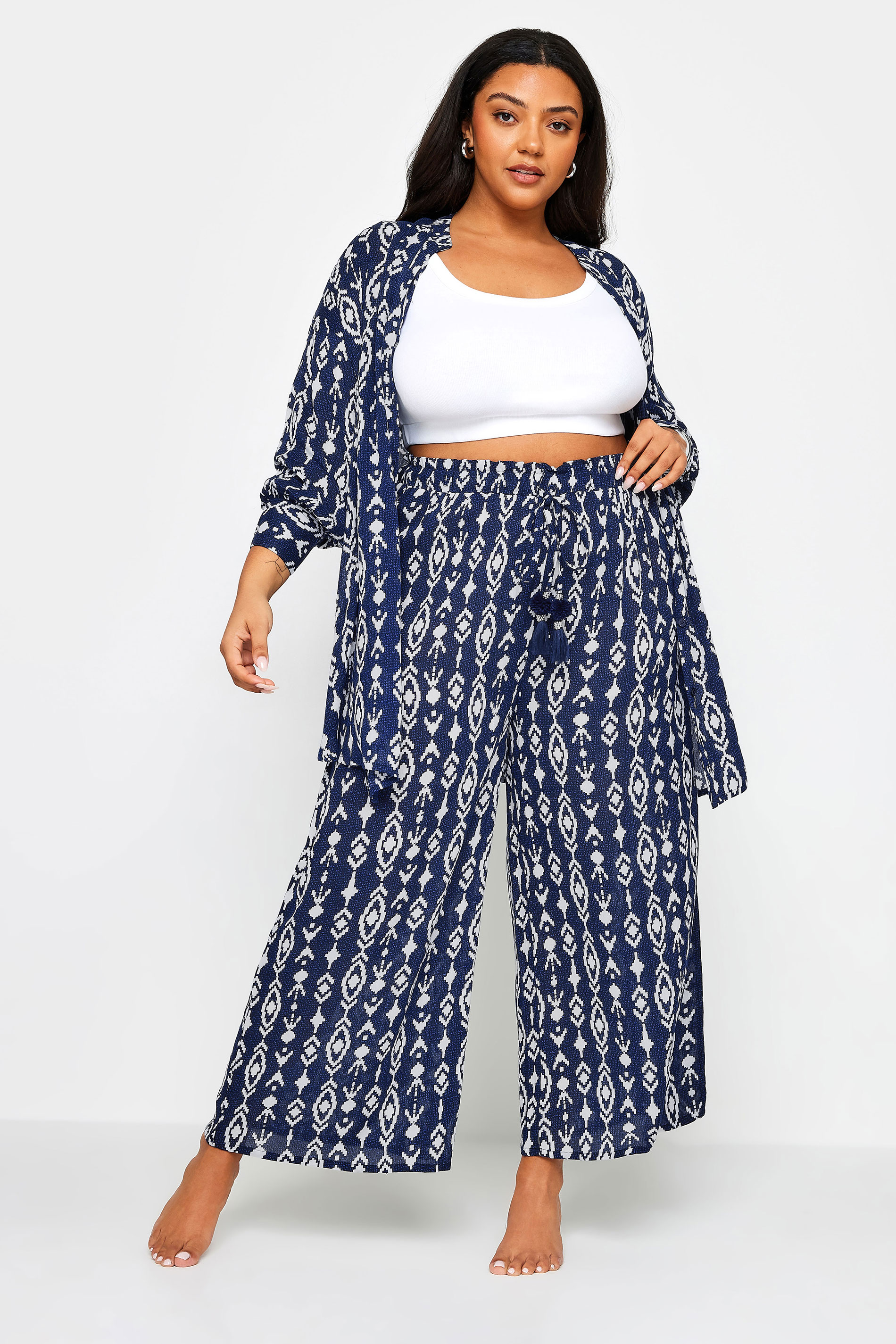 YOURS Plus Size Navy Blue Ikat Print Crinkle Tassel Trousers | Yours Clothing 3