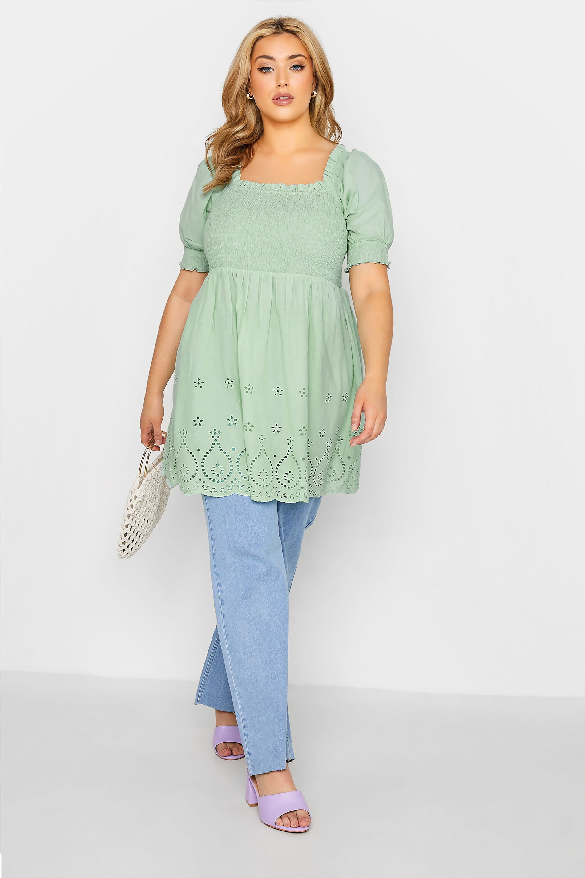 Grande taille  Tops Grande taille  Tops Casual | Top Vert Pastel Broderie Anglaise Manches Courtes - LQ33594
