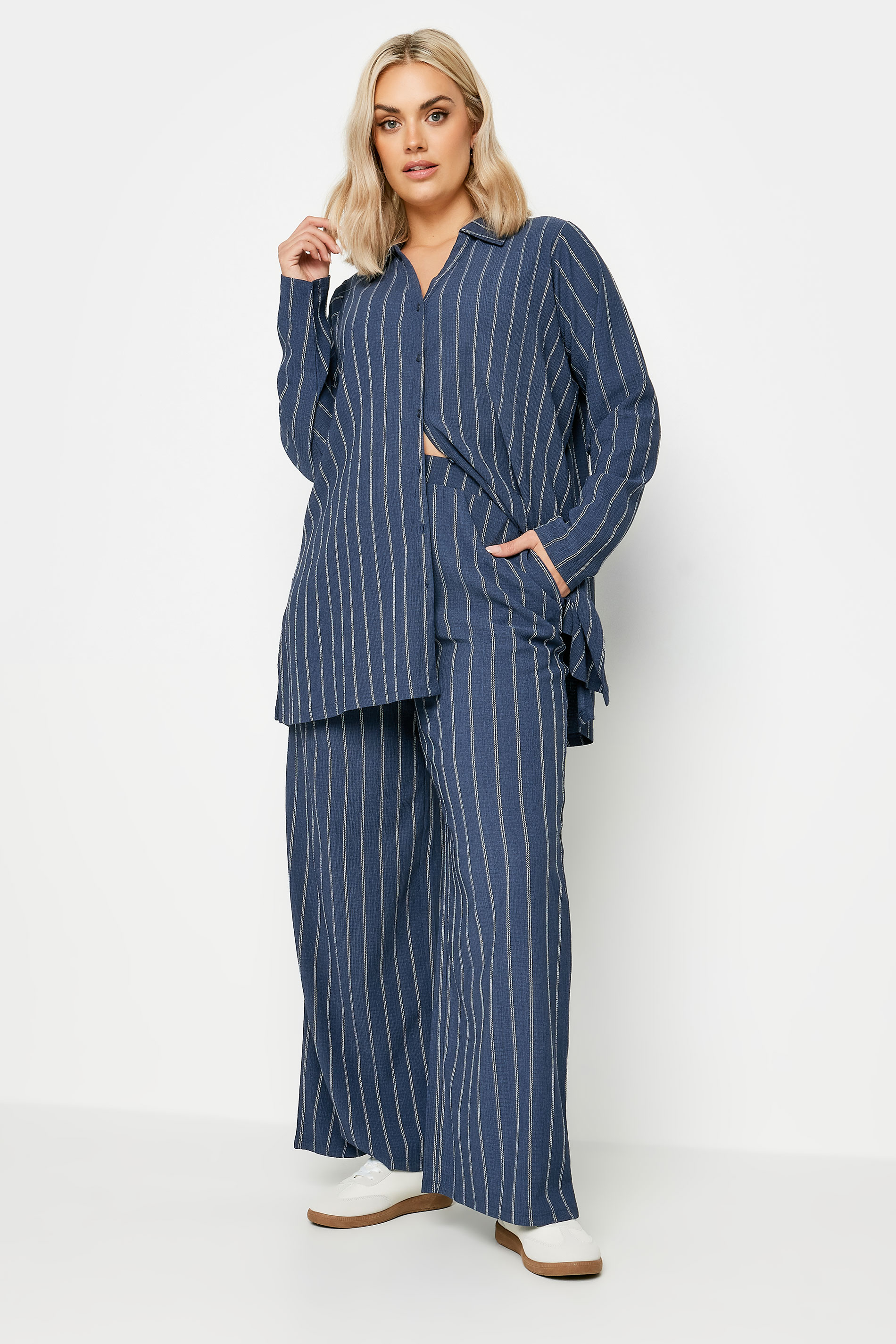 YOURS Plus Size Navy Blue Textured Pinstripe Wide Leg Trousers | Yours Clothing 2