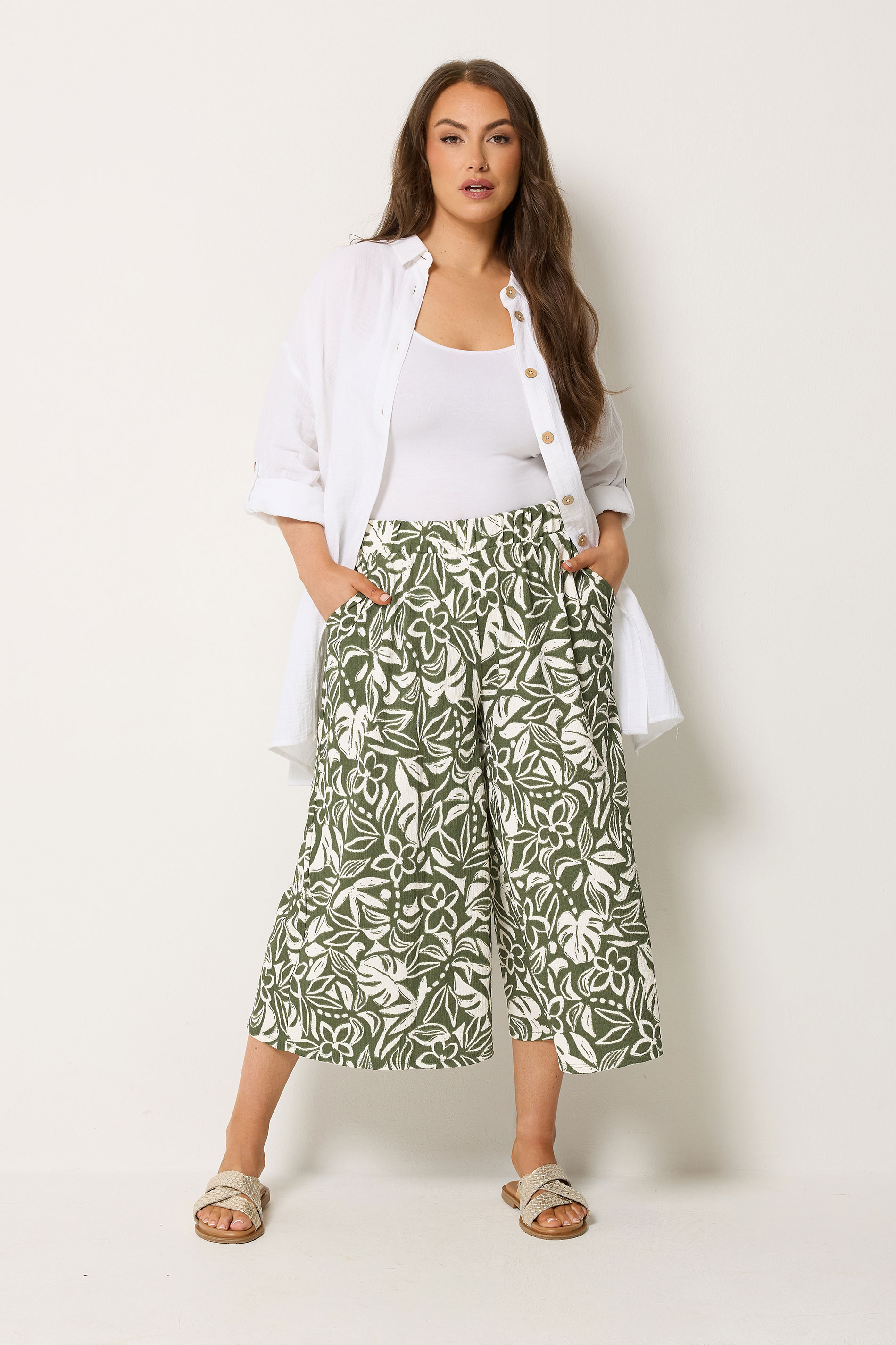 YOURS Plus Size Khaki Green Leaf Print Culottes | Yours Clothing 1