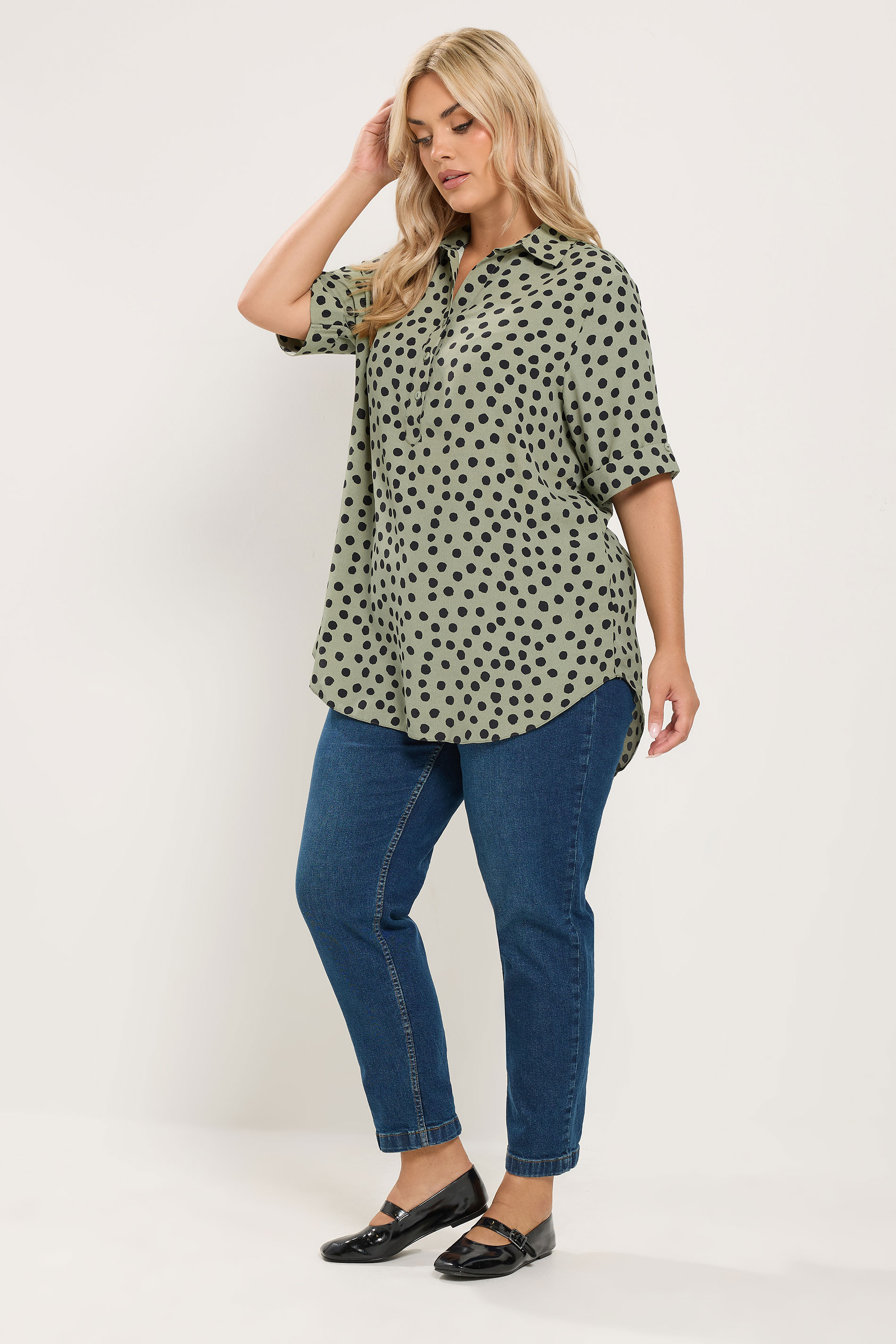 YOURS Plus Size Khaki Green Polka Dot Half Placket Shirt | Yours Clothing 1