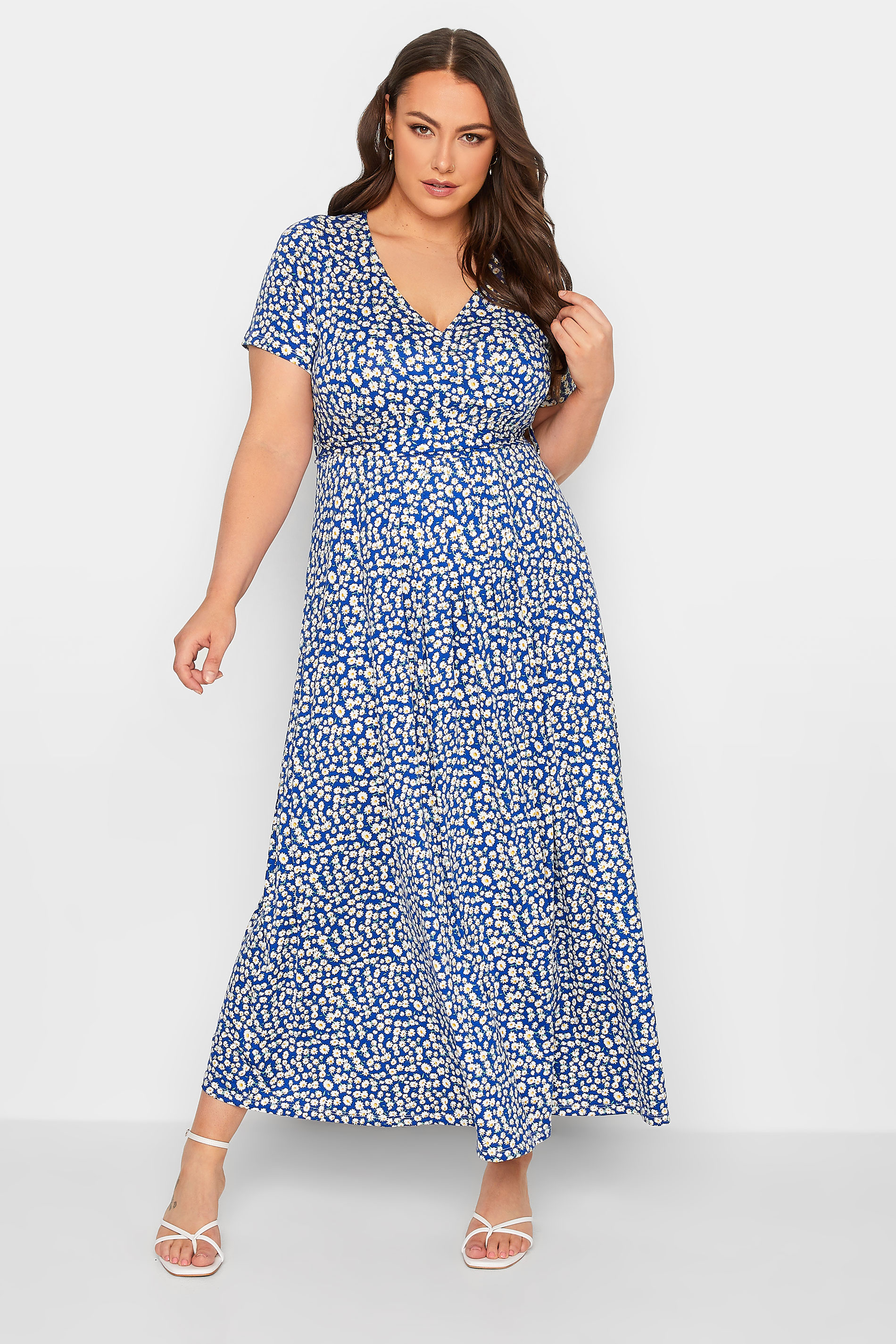 YOURS Curve Plus Size Blue Ditsy Floral Wrap Dress | Yours Clothing 1