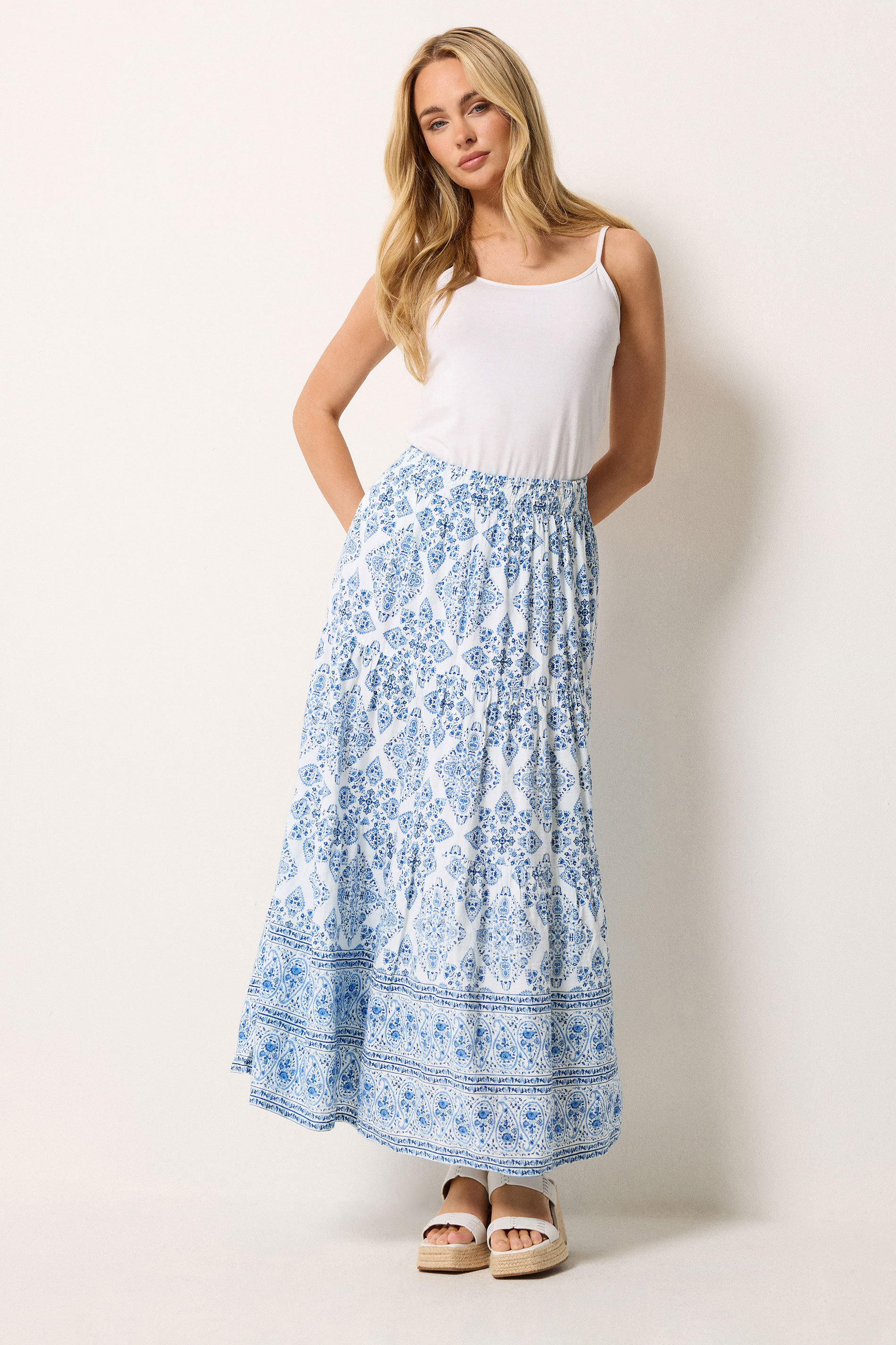 M&Co Blue Tile Print Tiered Maxi Skirt | M&Co 1