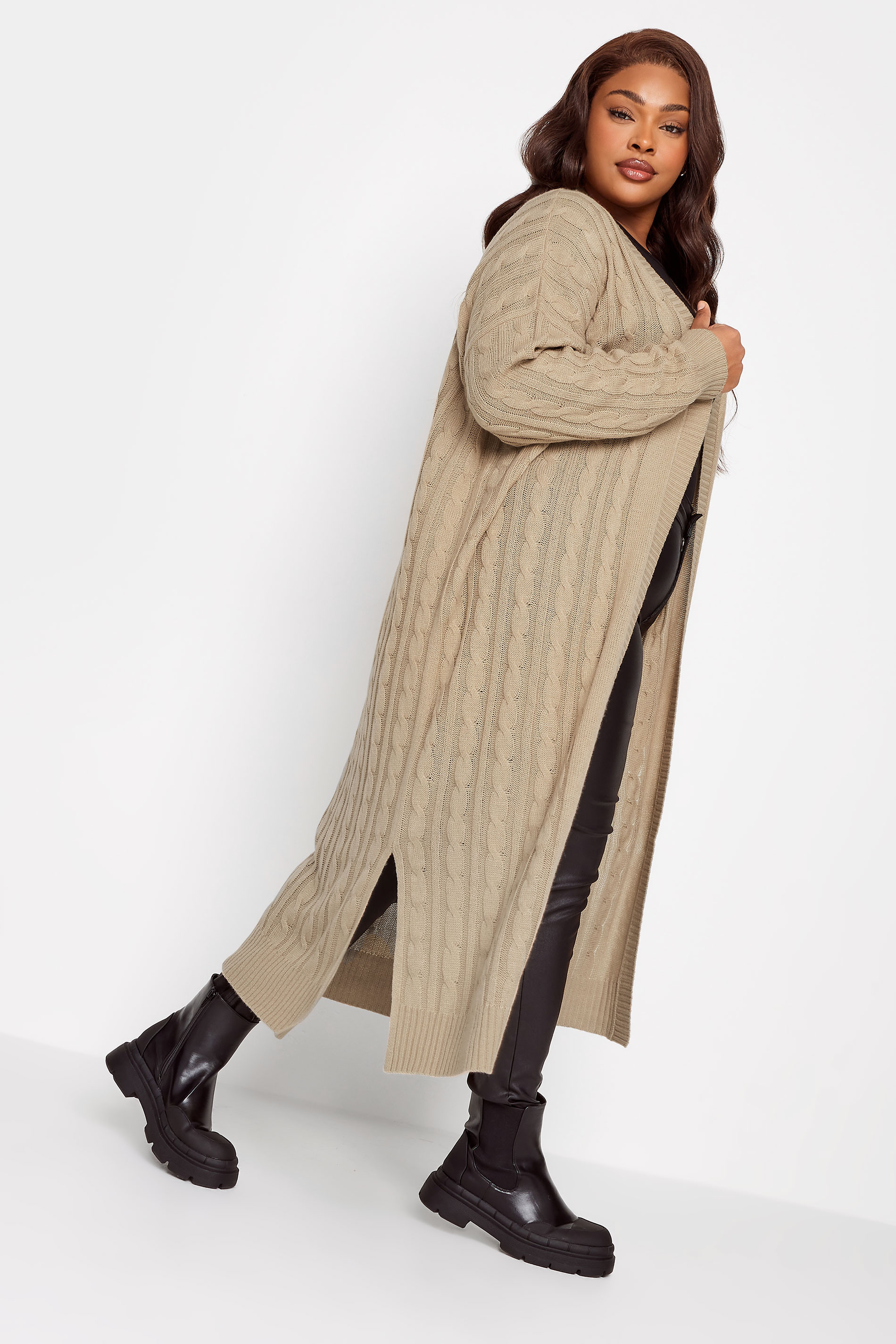 YOURS Plus Size Beige Brown Cable Knit Maxi Cardigan | Yours Clothing 2