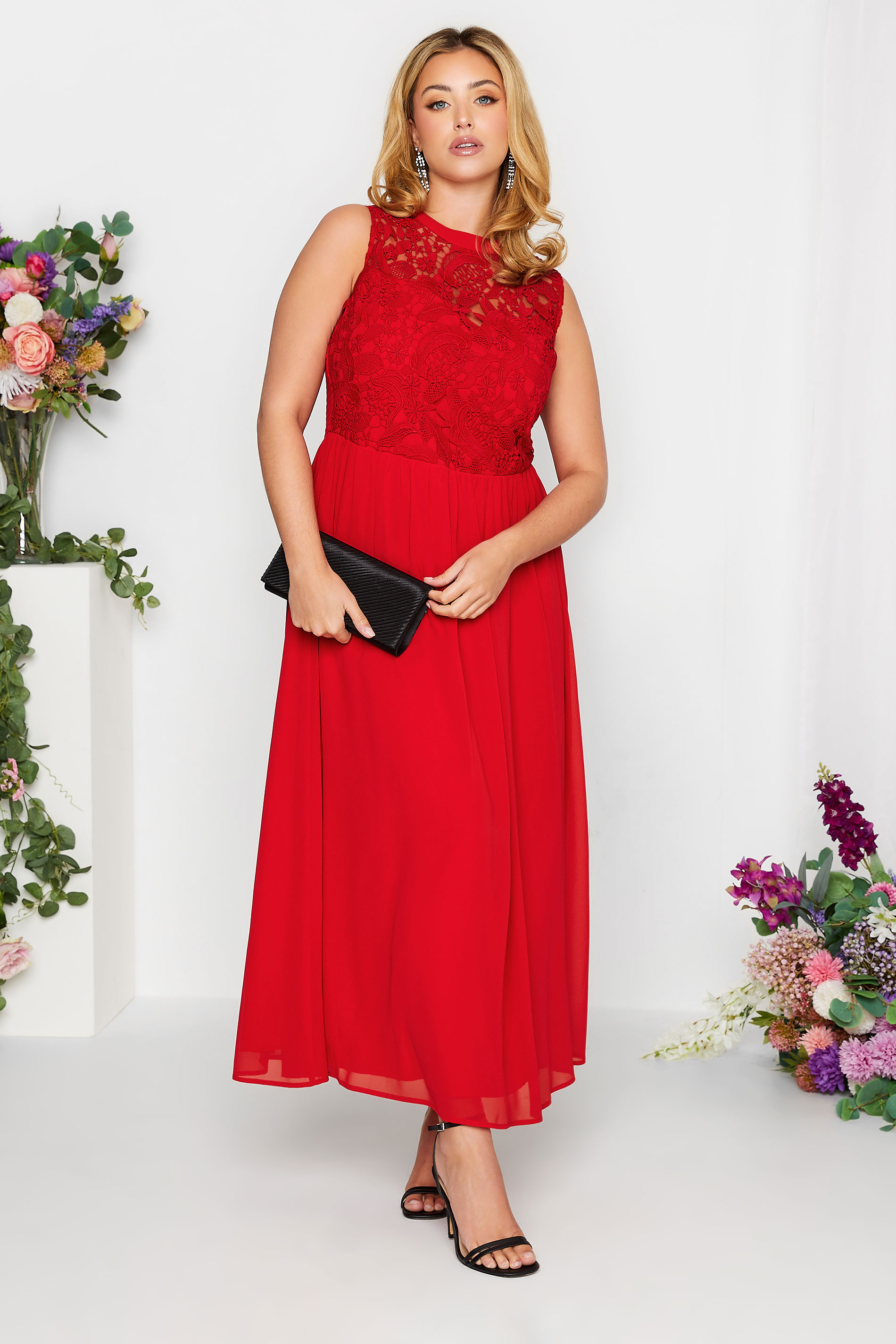 Plus Size YOURS LONDON Curve Red Lace Front Chiffon Maxi Dress | Yours Clothing  2