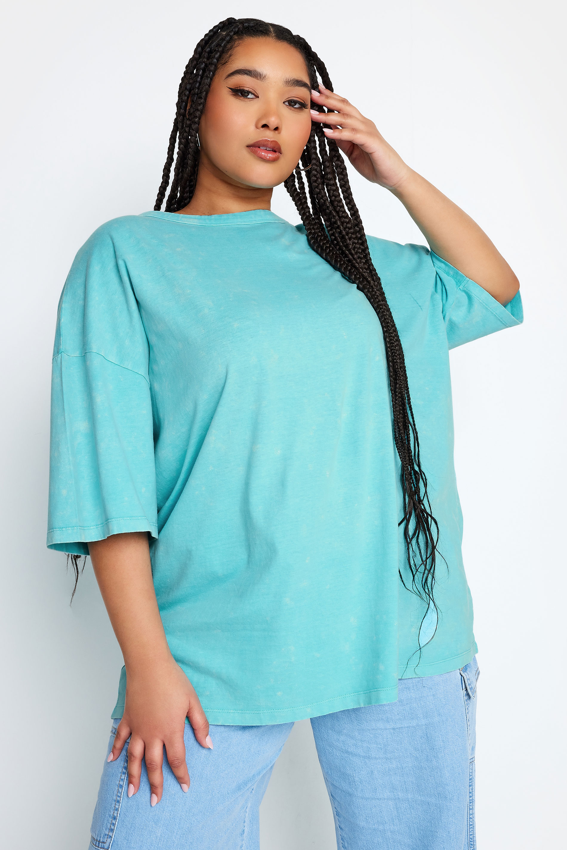 Women's Acid Wash Henley Shirt - Bright Turquoise