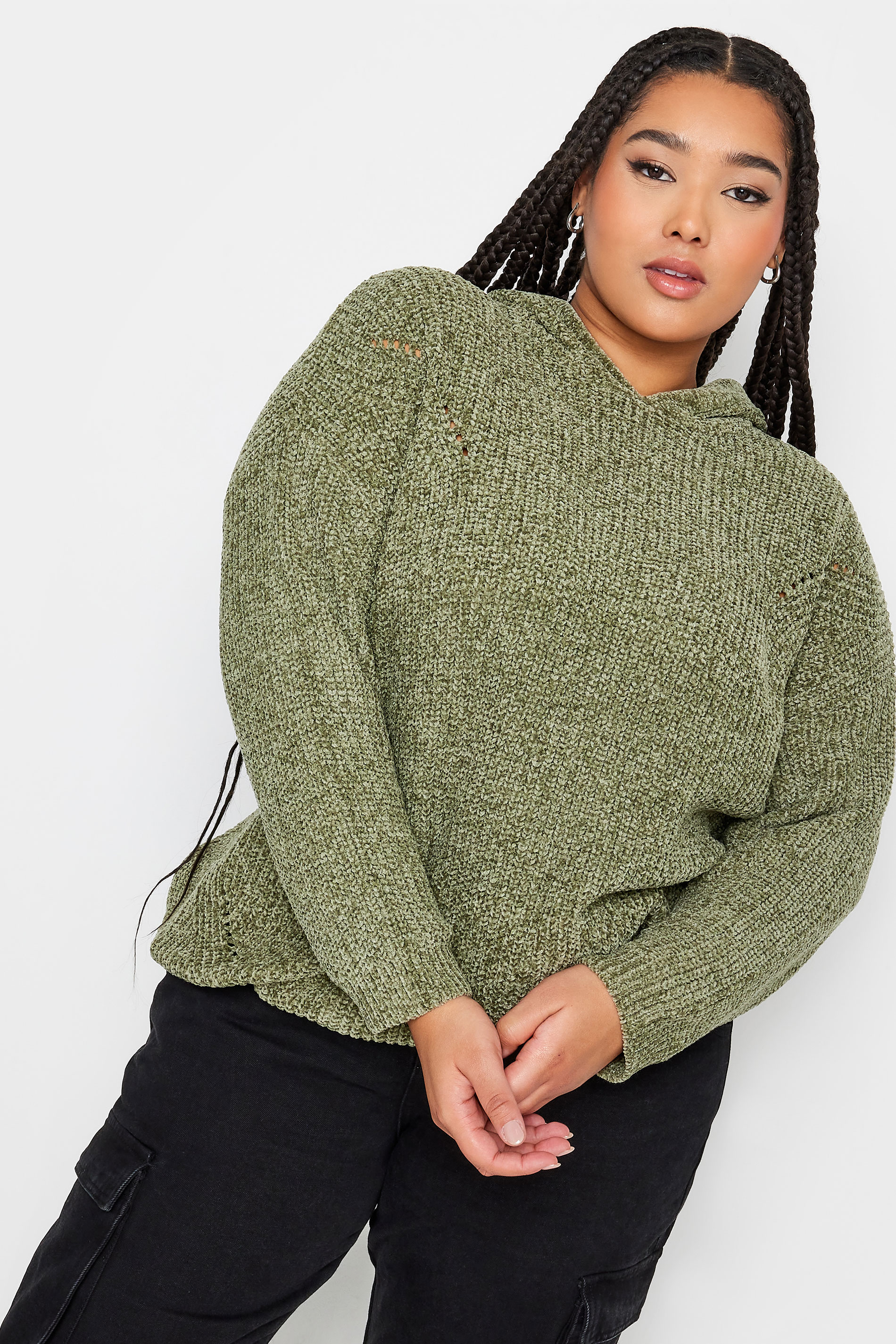 YOURS Plus Size Khaki Green Chenille Knitted Hoodie | Yours Clothing 1