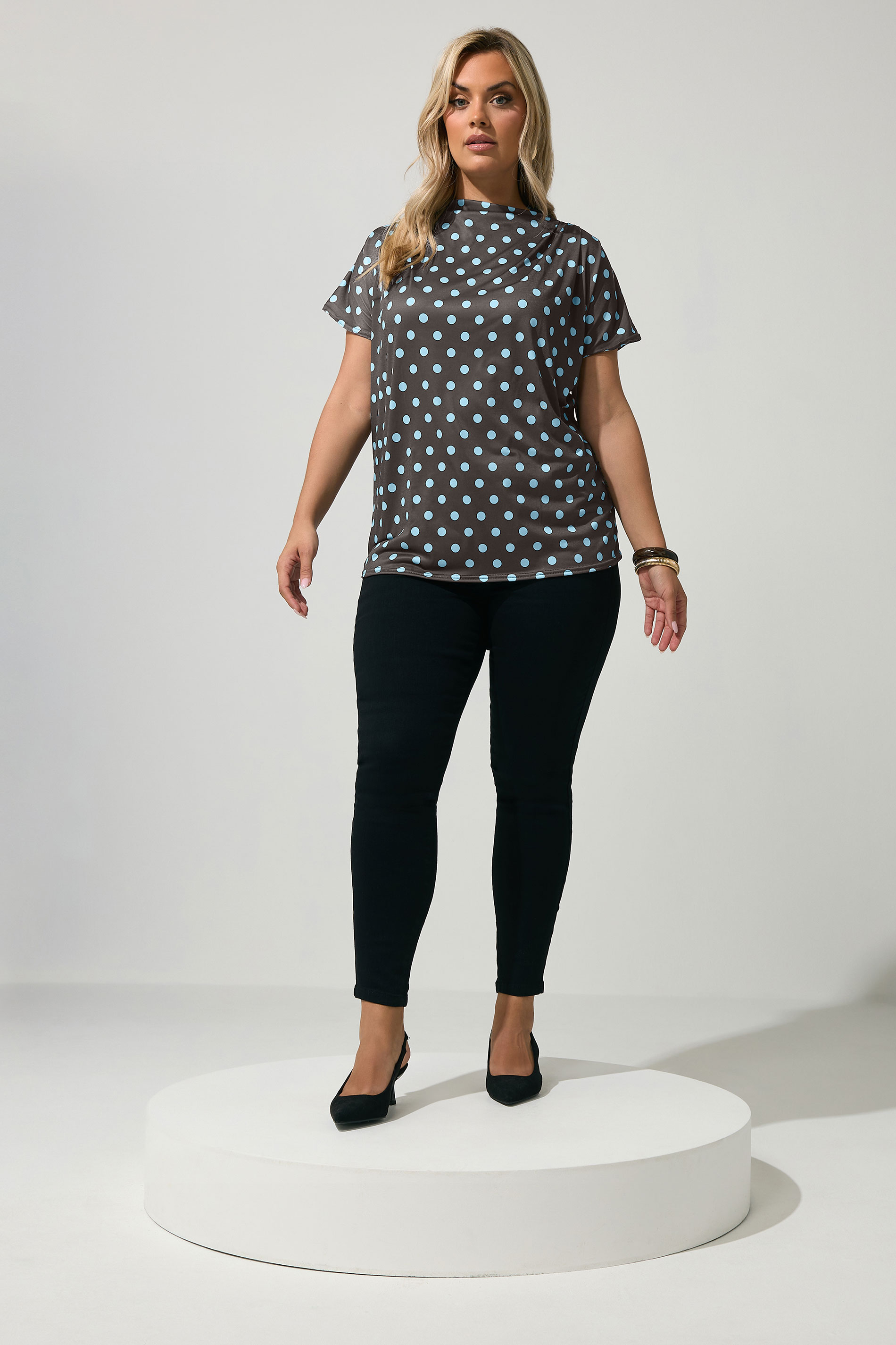 YOURS LONDON Curve Chocolate Brown Polka Dot Drape Shoulder Top 1