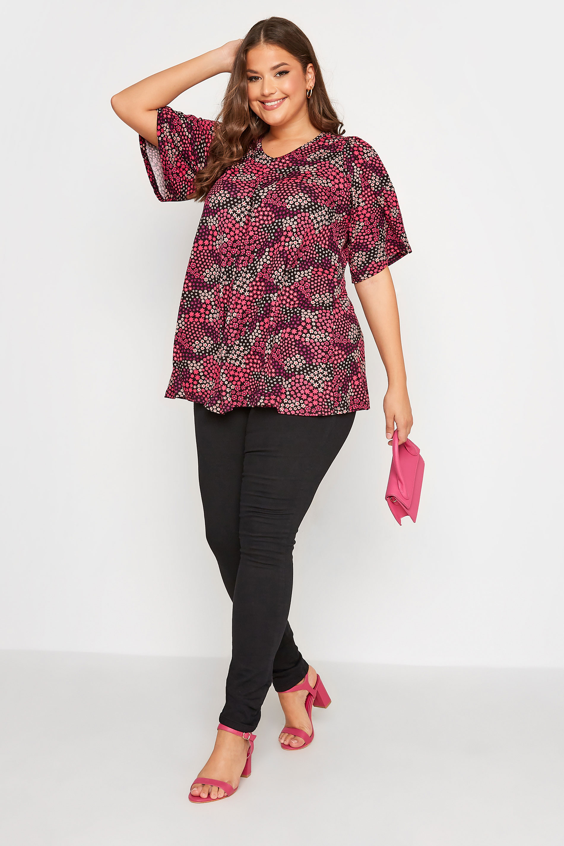 Curve Pink & Black Floral Angel Sleeve Top | Yours Clothing 3