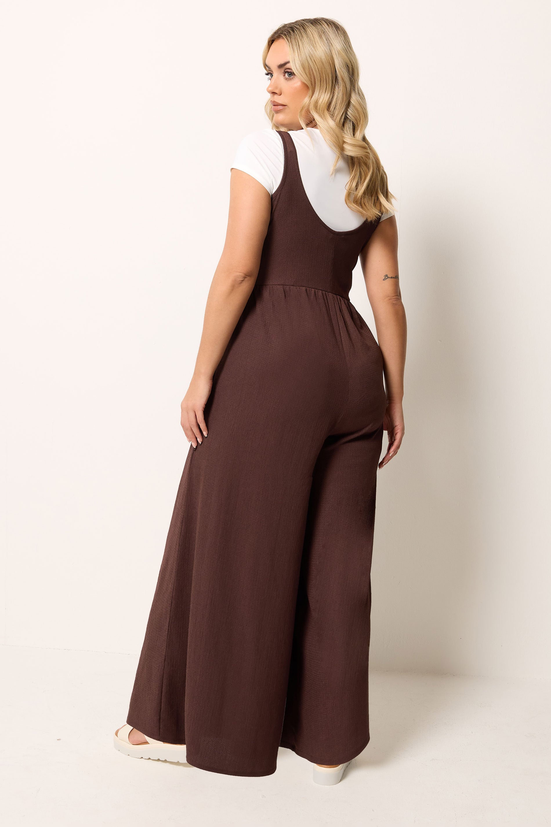 YOURS Plus Size Chocolate Brown Textured Jumpsuit | Yours Clothing 2