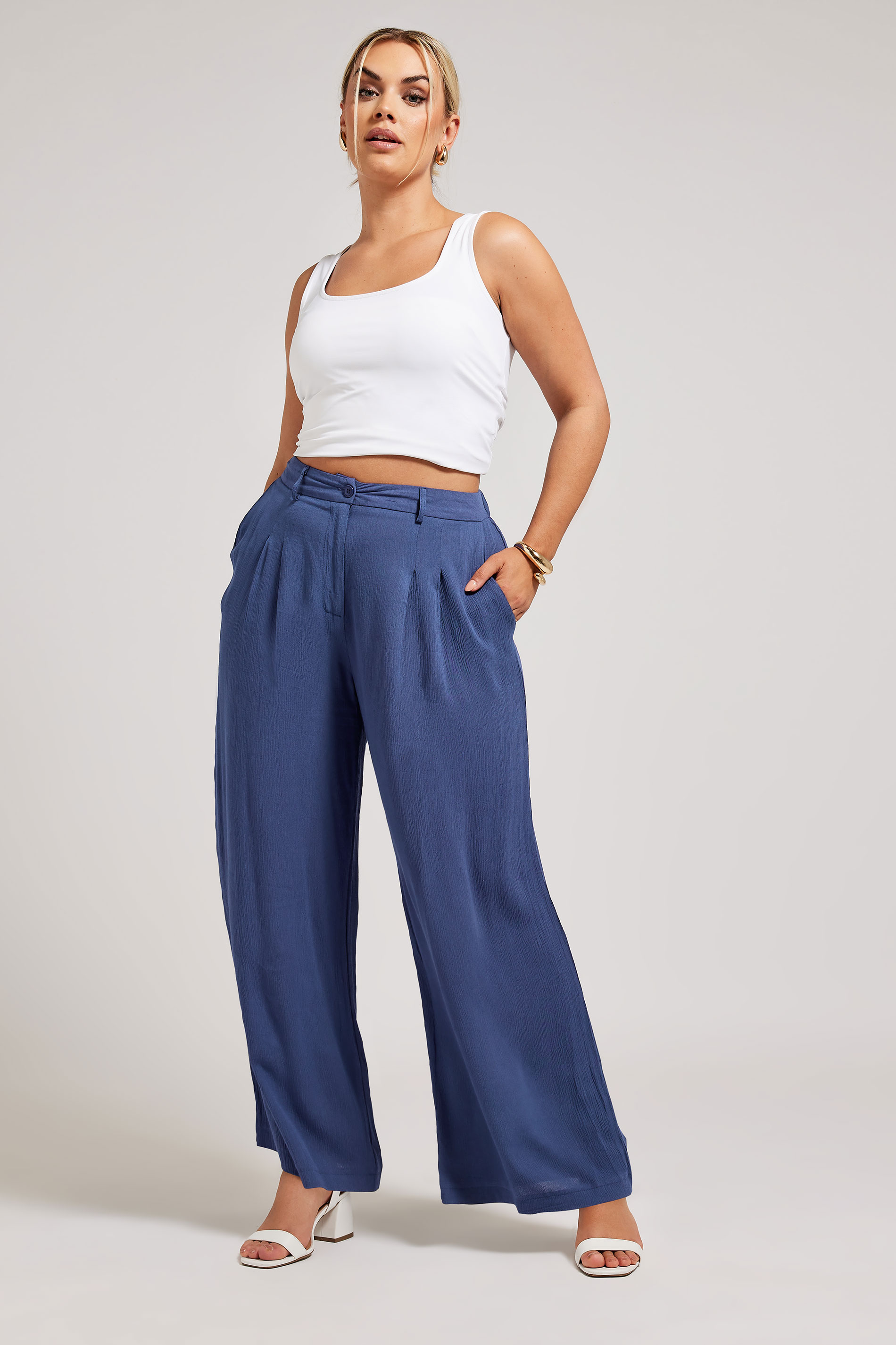 YOURS LONDON Plus Size Blue Pleat Front Wide Leg Trousers | Yours Clothing 2