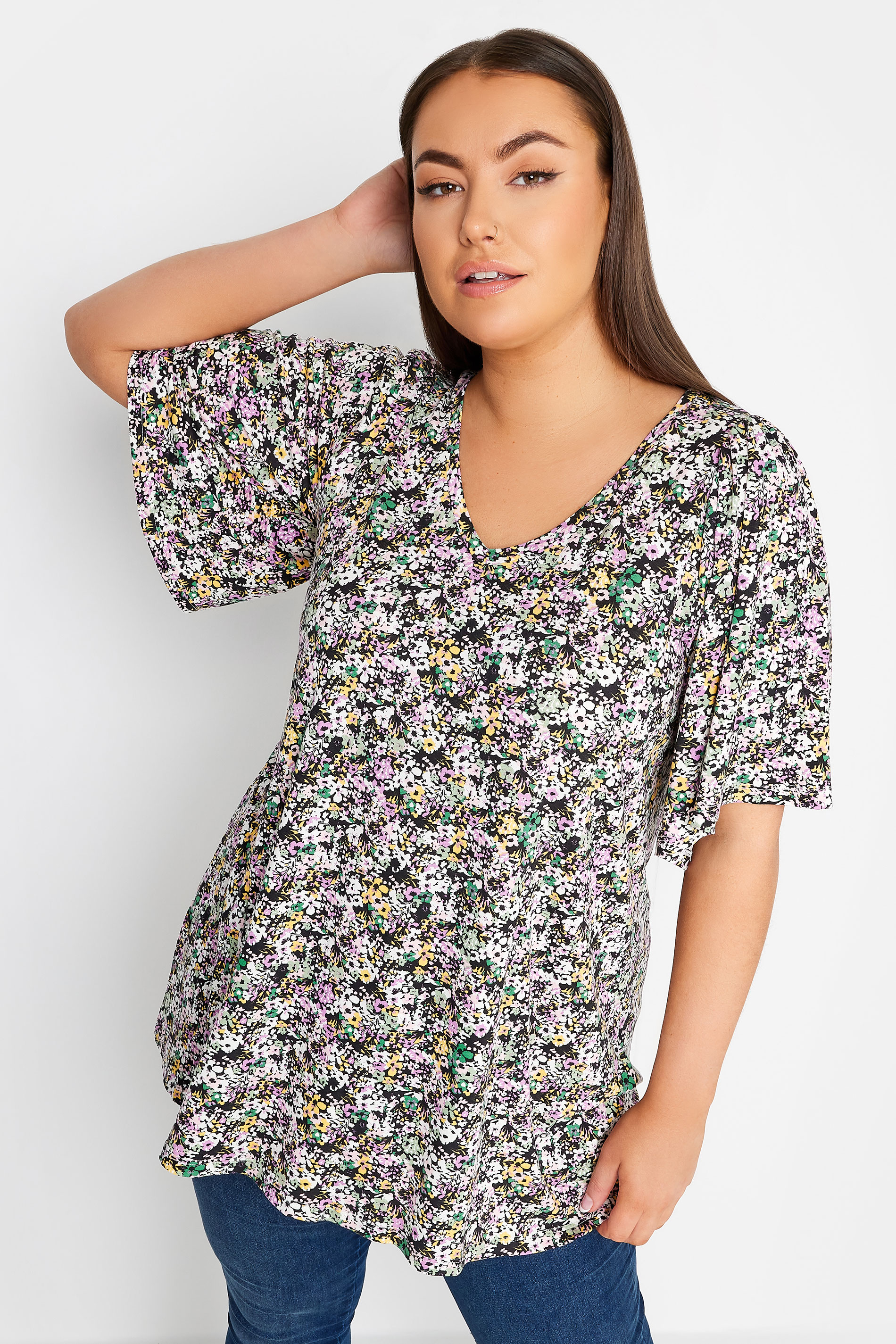 YOURS Plus Size Purple Floral Print Angel Sleeve Top | Yours Clothing 1