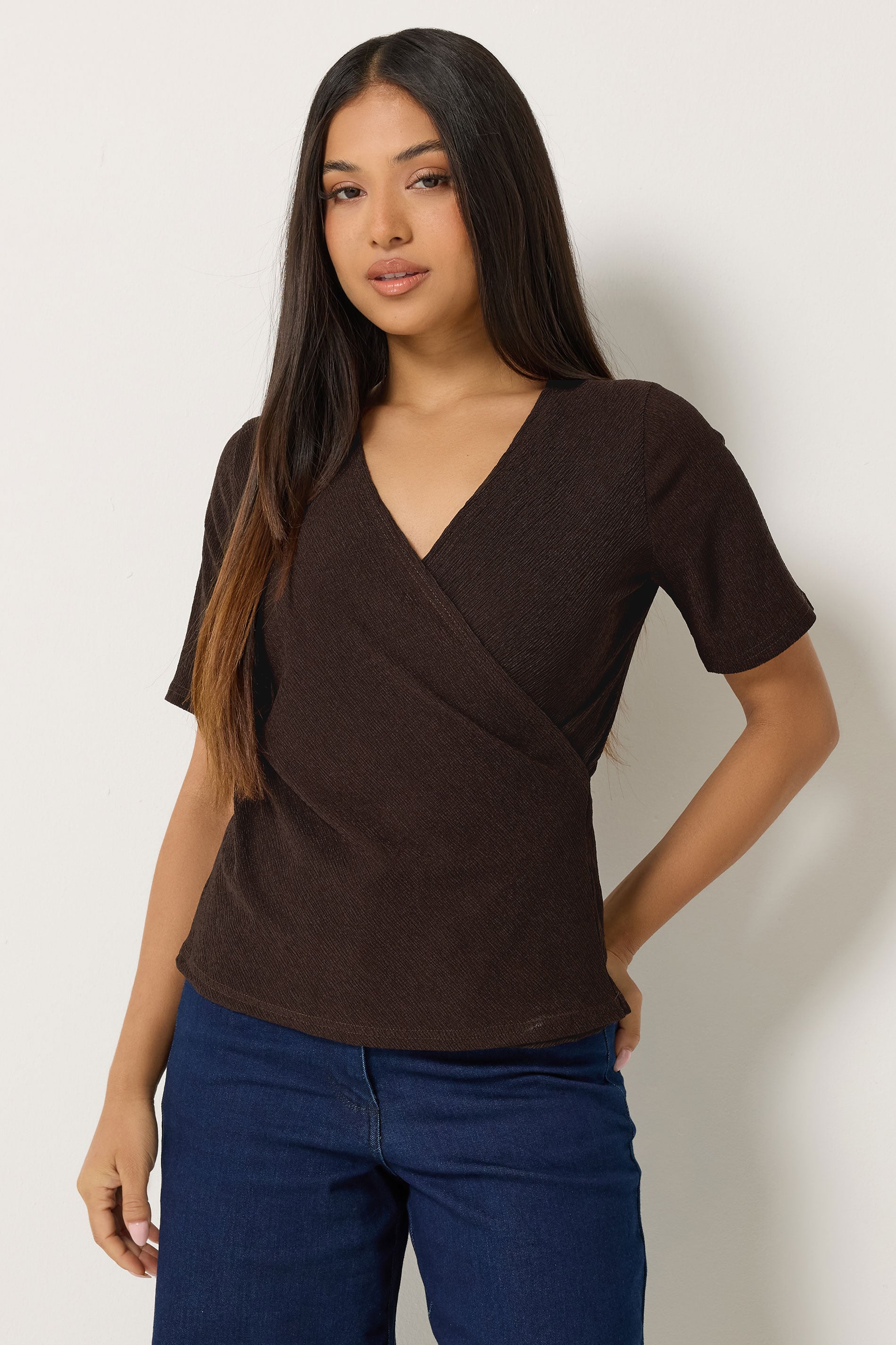 M&Co Petite Chocolate Brown Textured Wrap Top | M&Co 3