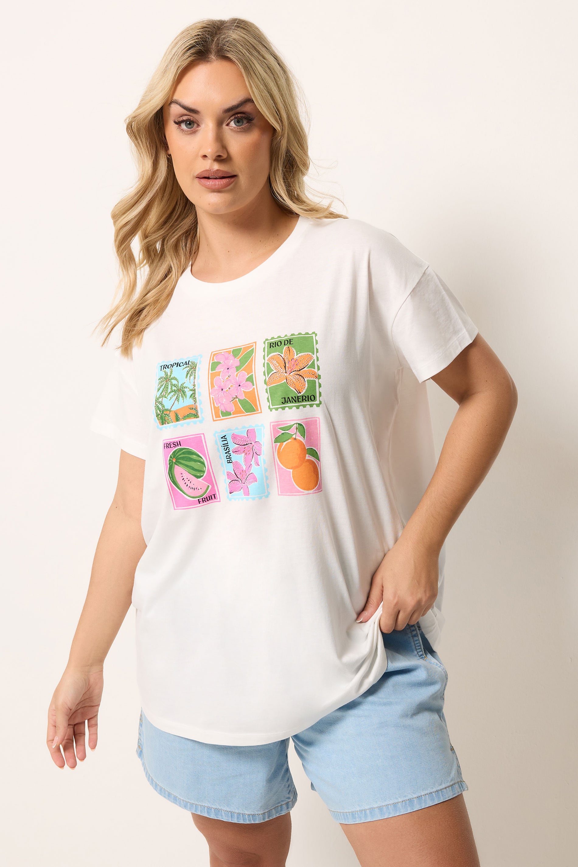 YOURS Plus Size White Tropical Postcard T-Shirt | Yours Clothing 3