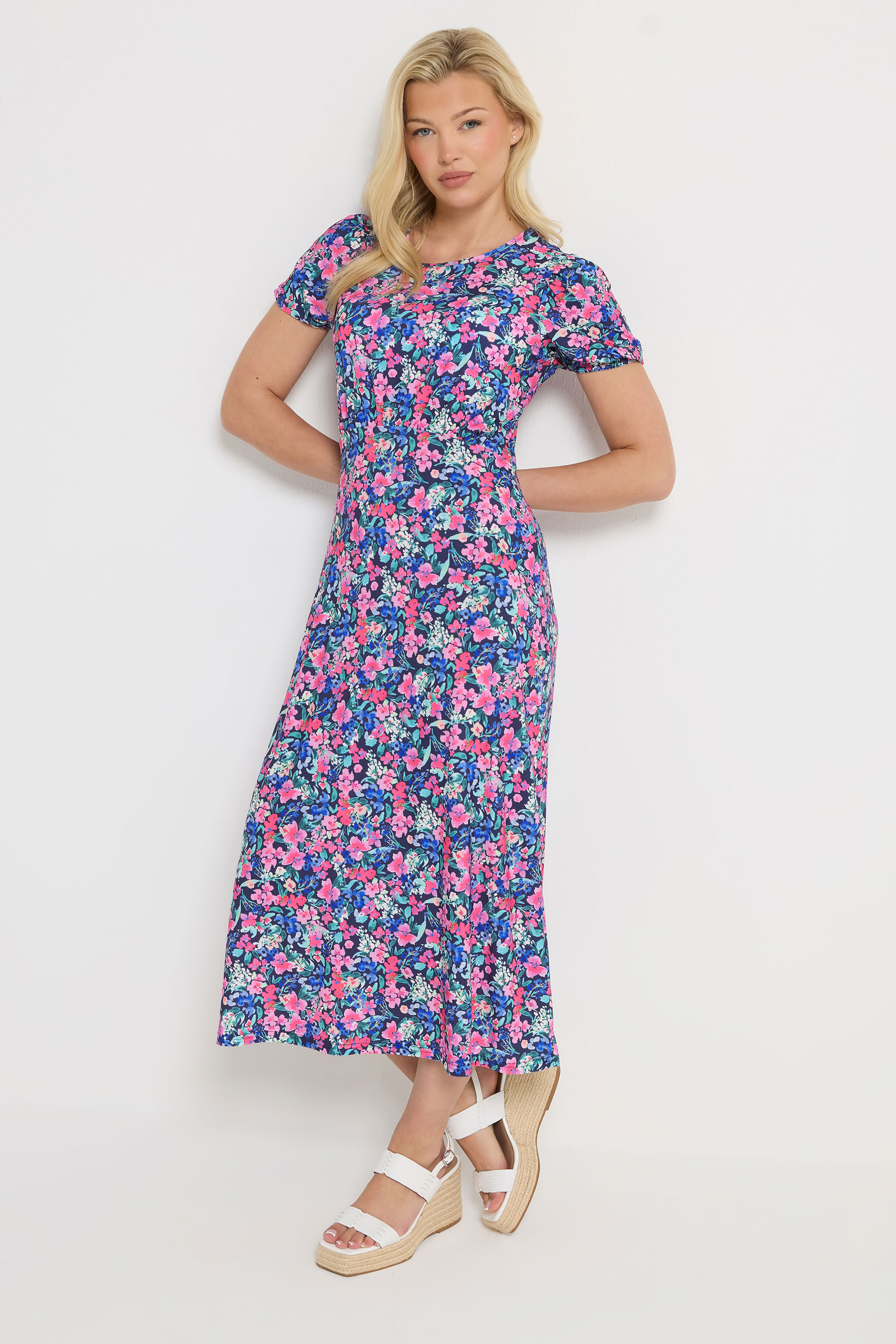 M&Co Pink Floral Short Sleeve Midi Dress | M&Co 2