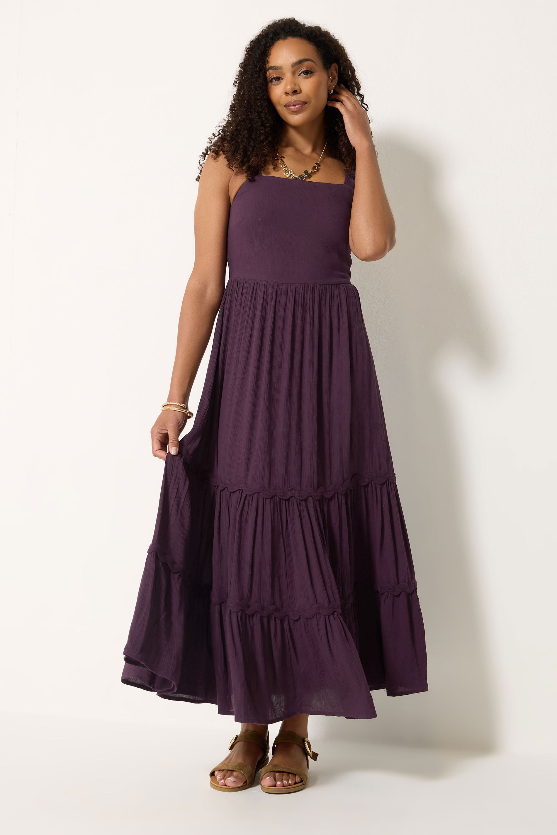 M&Co Berry Purple Woven Swirl Trim Tiered Maxi Dress | M&Co 3
