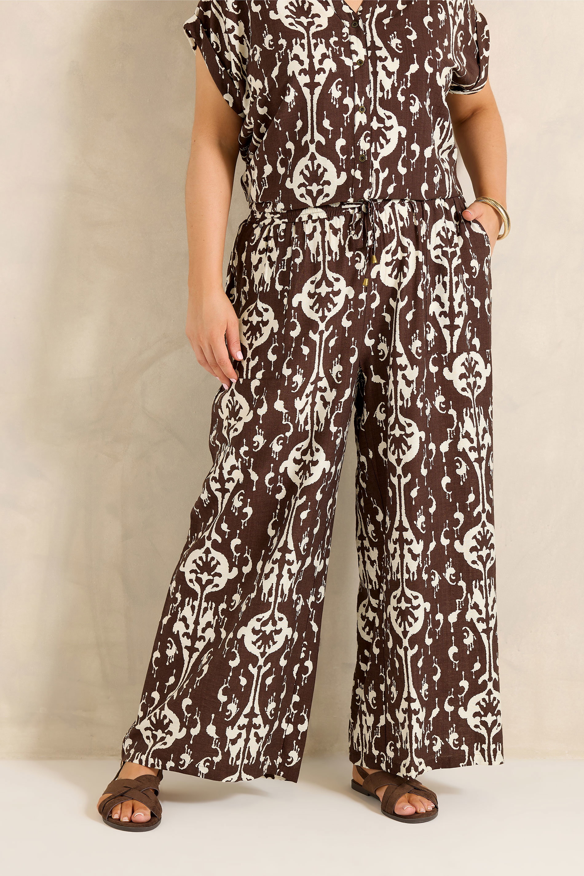 EVANS Plus Size Chocolate Brown Abstract Trousers | Evans 3
